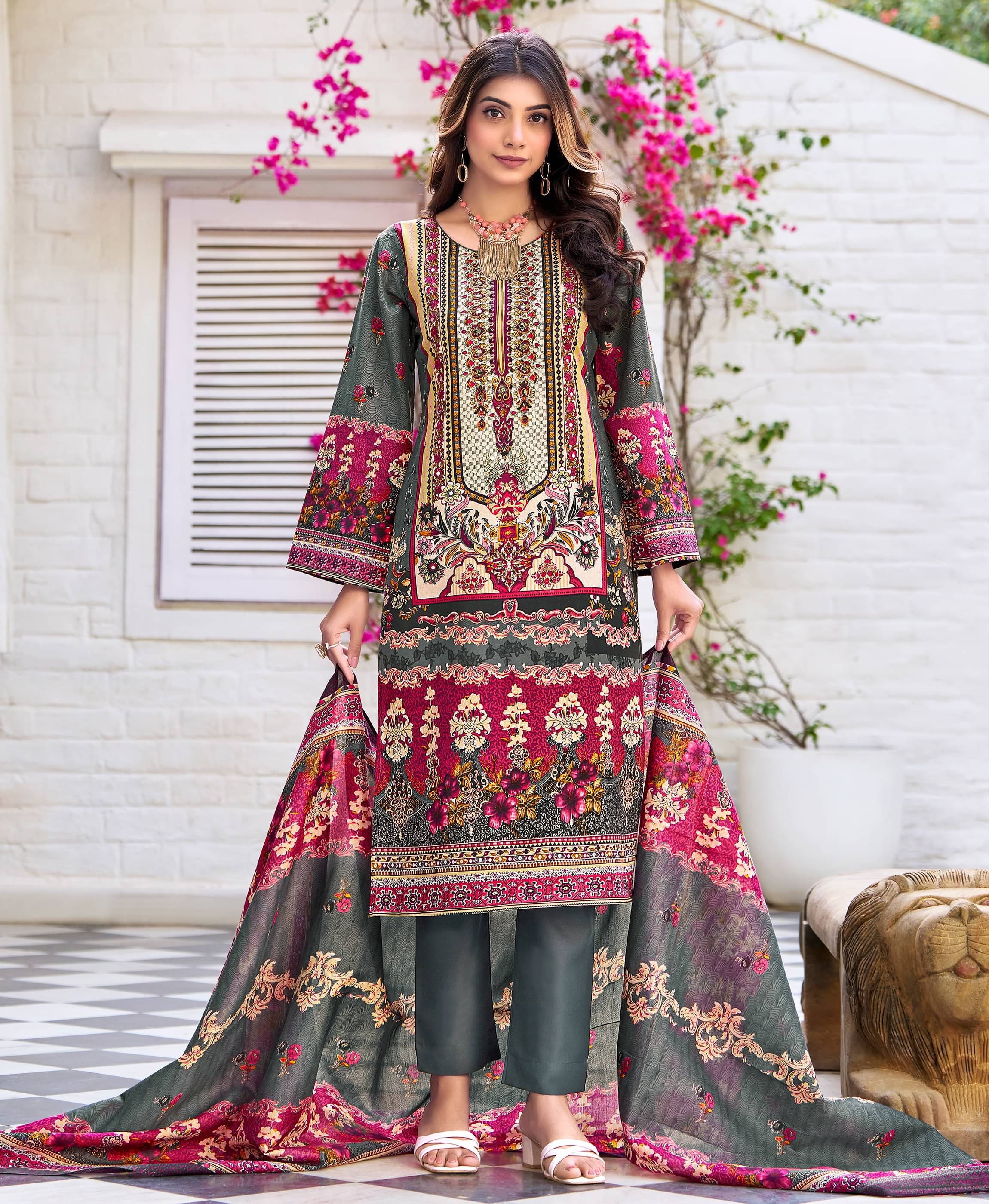     			MOJILAA Cotton Printed Kurti With Pants Women's Stitched Salwar Suit - Grey ( Pack of 1 )