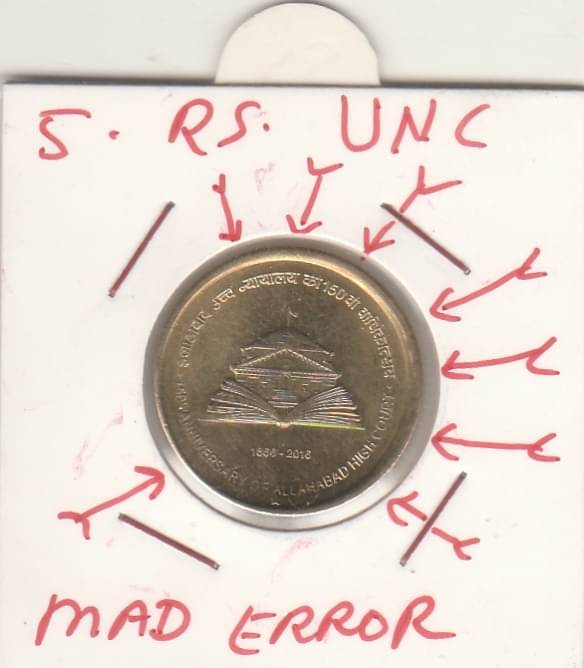     			NUMISMATTECLY  RARE AND COLLECTIBLE -5 RS-150 ANNIVERSERY OF ,ALLAHABAD HIGH COURT-WITH-MAD ERROR.UNC TYPE CONDITION. COMMOMORATIVE C0IN.YEAR-1866-2016. HIGHLY COLLECTIBLE ,WIGHT-6-GRAMS .