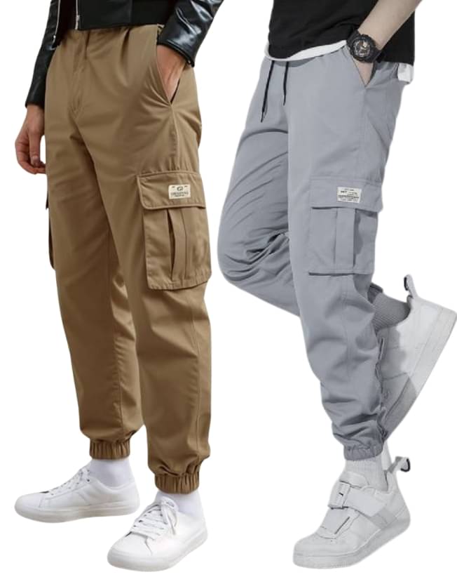OLENE Beige Cotton Blend Men's Joggers ( Pack of 2 ) OLENE Beige Cotton Blend Men's Joggers ( Pack of 2 )