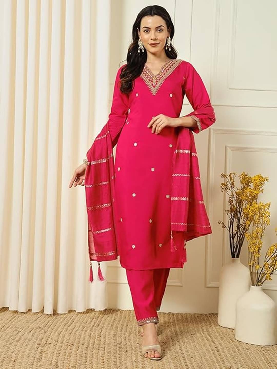 OMICRON FAB Chanderi Embroidered Kurti With Pants Women's Stitched Salwar Suit - Pink ( Pack of 1 ) OMICRON FAB Chanderi Embroidered Kurti With Pants Women's Stitched Salwar Suit - Pink ( Pack of 1 )