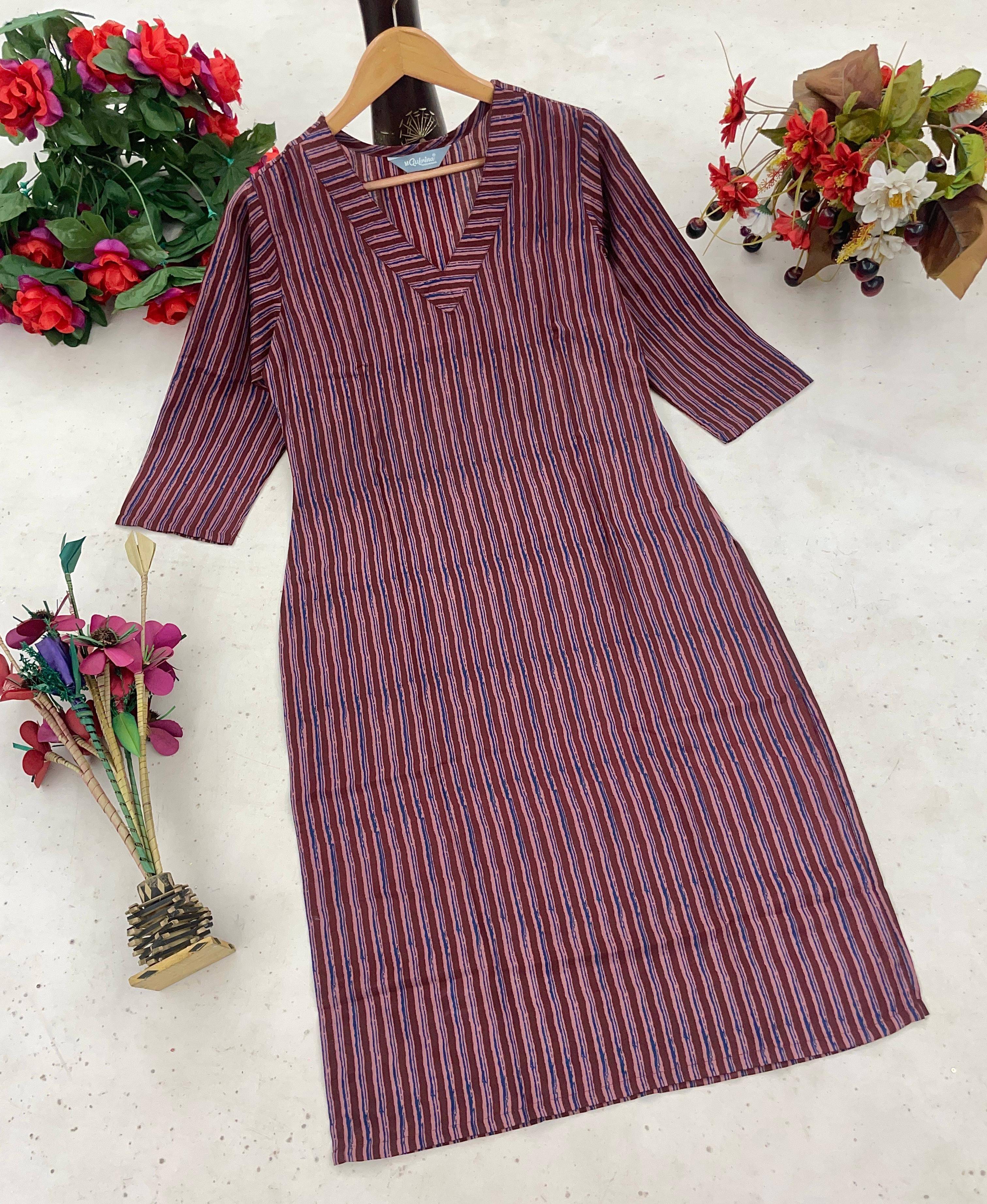 gufrina Pack of 1 Cotton Blend Striped A-line Women's Kurti - ( Maroon )     			gufrina Pack of 1 Cotton Blend Striped A-line Women's Kurti - ( Maroon )