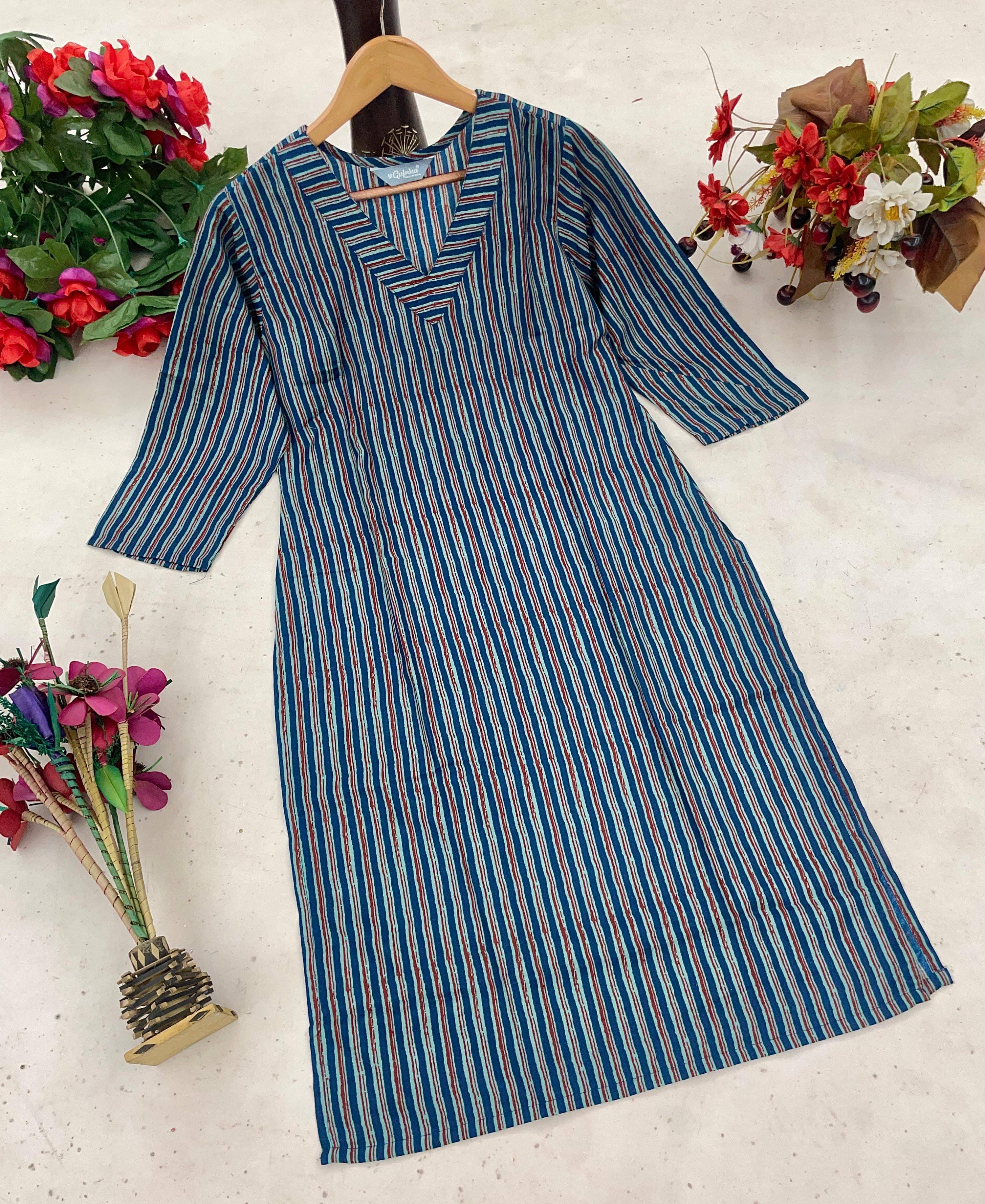     			gufrina Pack of 1 Cotton Blend Striped A-line Women's Kurti - ( Blue )