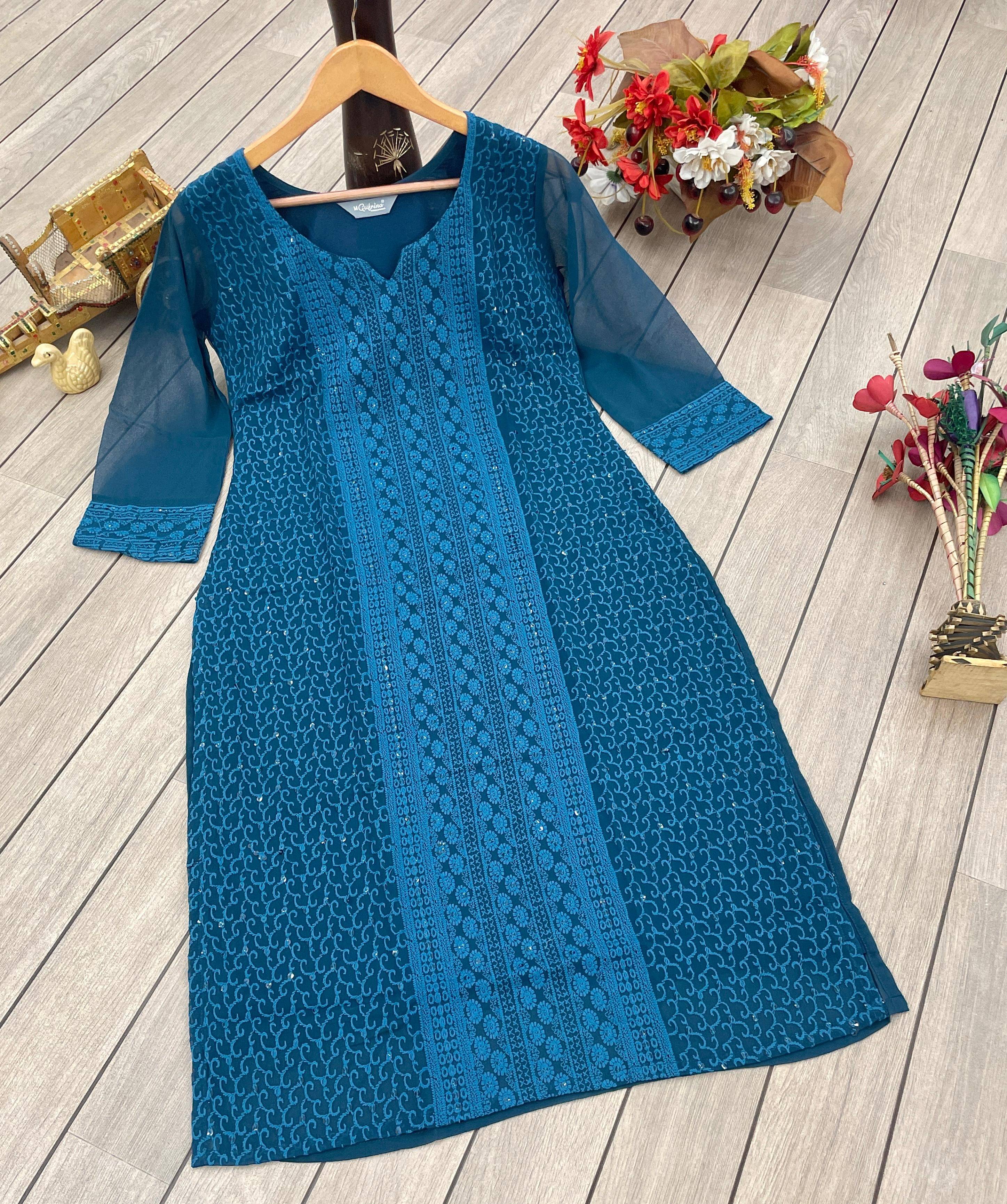 gufrina Pack of 1 Georgette Chikankari A-line Women's Kurti - ( Teal ) gufrina Pack of 1 Georgette Chikankari A-line Women's Kurti - ( Teal )