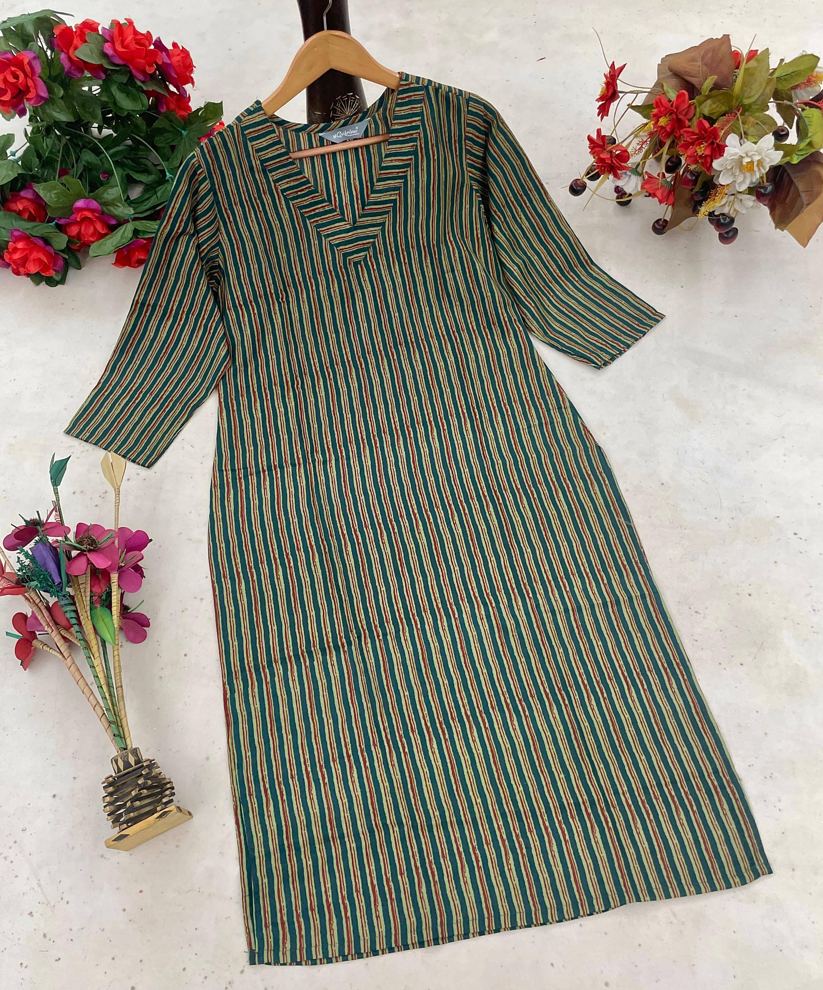 gufrina Pack of 1 Cotton Blend Striped A-line Women's Kurti - ( Green ) gufrina Pack of 1 Cotton Blend Striped A-line Women's Kurti - ( Green )