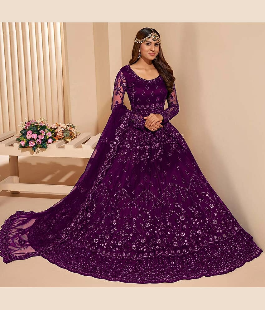 A TO Z CART Wine Flared Net Women's Semi Stitched Ethnic Gown ( Pack of 1 ) - Unstitched Fabrics | Buy online on ZillyBuy