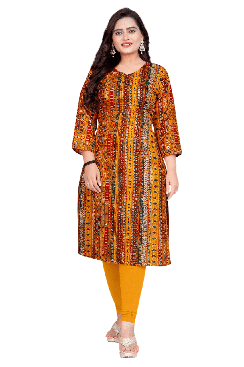 AMTHI Pack of 1 Cotton Blend Printed Straight Women's Kurti - ( Yellow ) AMTHI Pack of 1 Cotton Blend Printed Straight Women's Kurti - ( Yellow )
