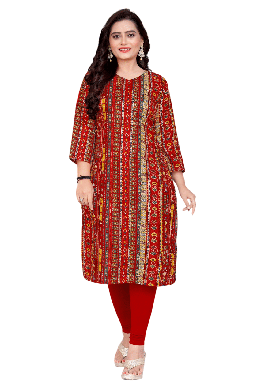     			AMTHI Pack of 1 Cotton Blend Printed Straight Women's Kurti - ( Red )