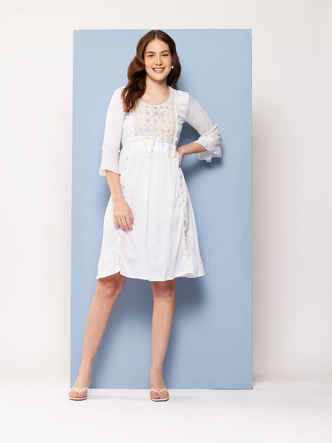     			Aarika Polyester Embroidered Knee Length Women's Fit & Flare Dress - White ( Pack of 1 )