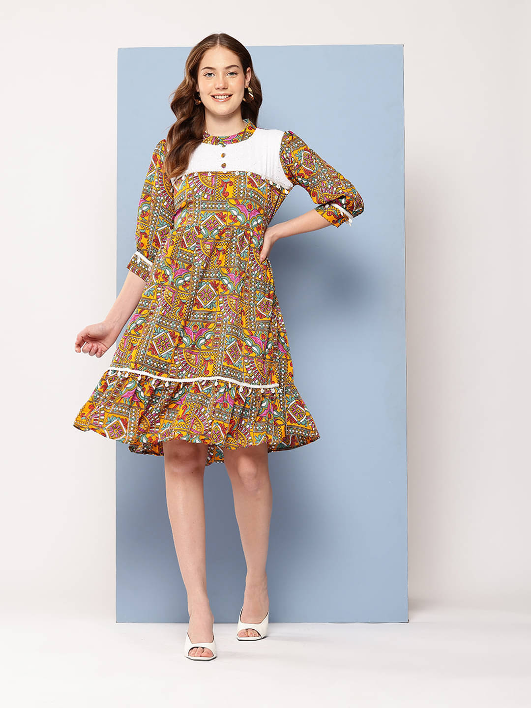 Aarika Women Polyester Printed Fit & Flare Dress ( Yellow ) Aarika Women Polyester Printed Fit & Flare Dress ( Yellow )