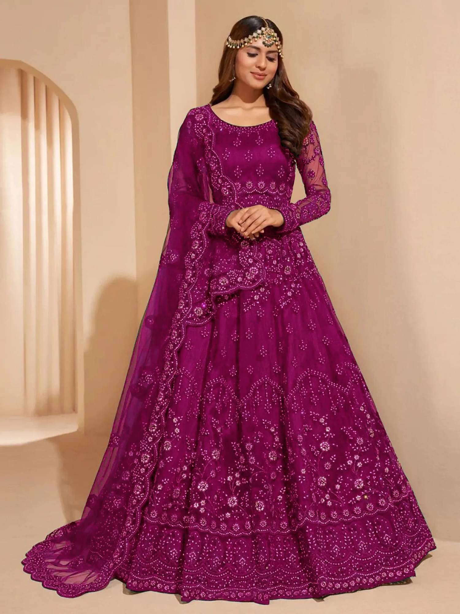    			Apnisha Wine Flared Net Women's Semi Stitched Ethnic Gown ( Pack of 1 )