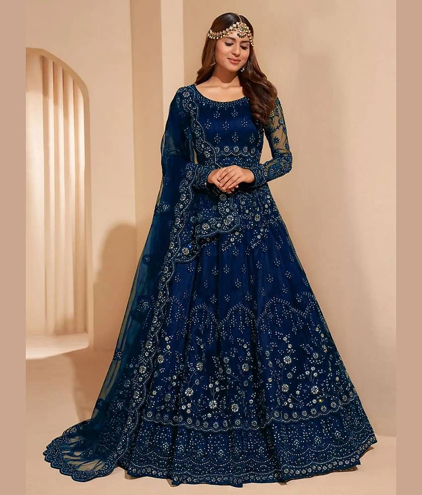 JULEE Teal Flared Net Women's Semi Stitched Ethnic Gown ( Pack of 1 ) - Unstitched Fabrics | Buy online on ZillyBuy