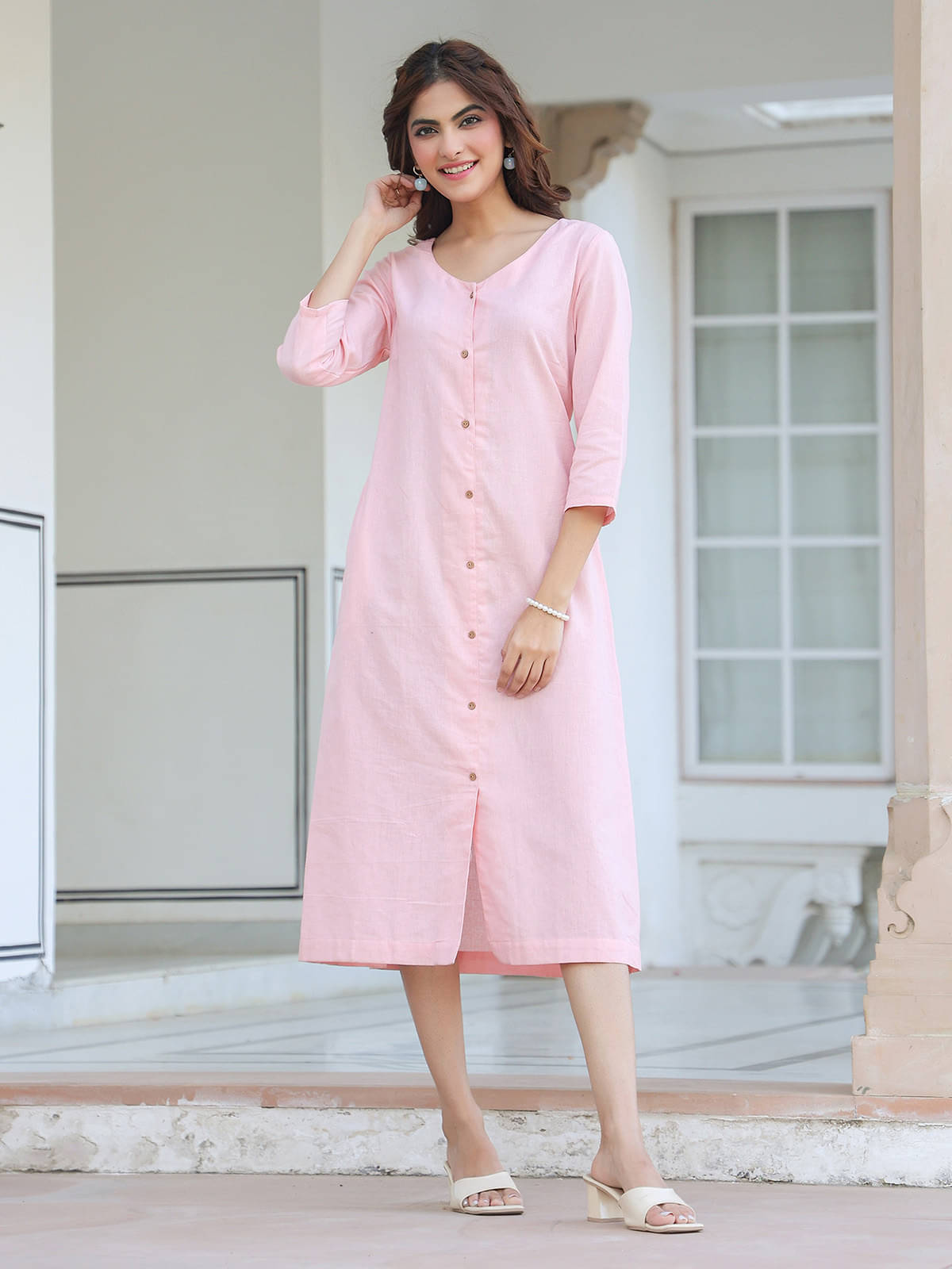 Janasya Women Cotton Solid A-line Dress ( Pink ) Janasya Women Cotton Solid A-line Dress ( Pink )