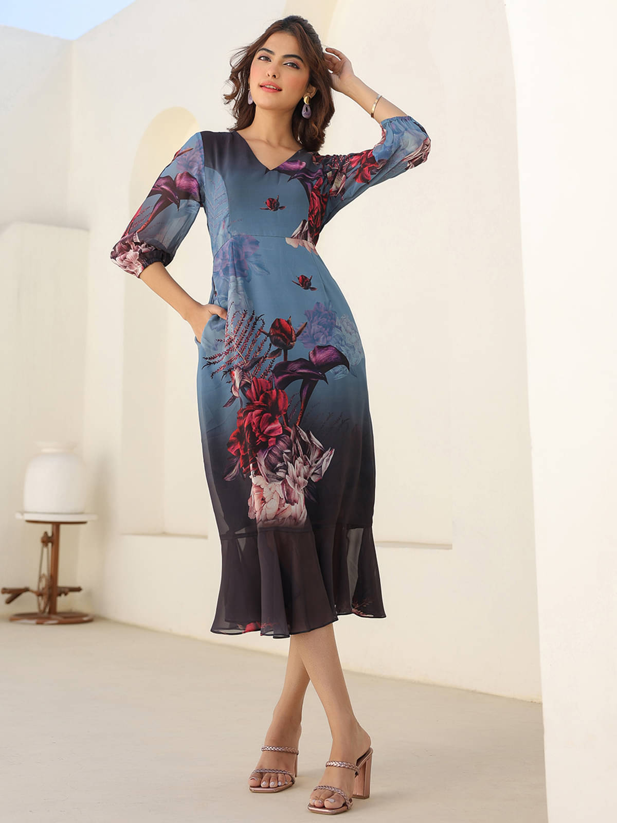 Janasya Women Georgette Printed A-line Dress ( Grey ) Janasya Women Georgette Printed A-line Dress ( Grey )