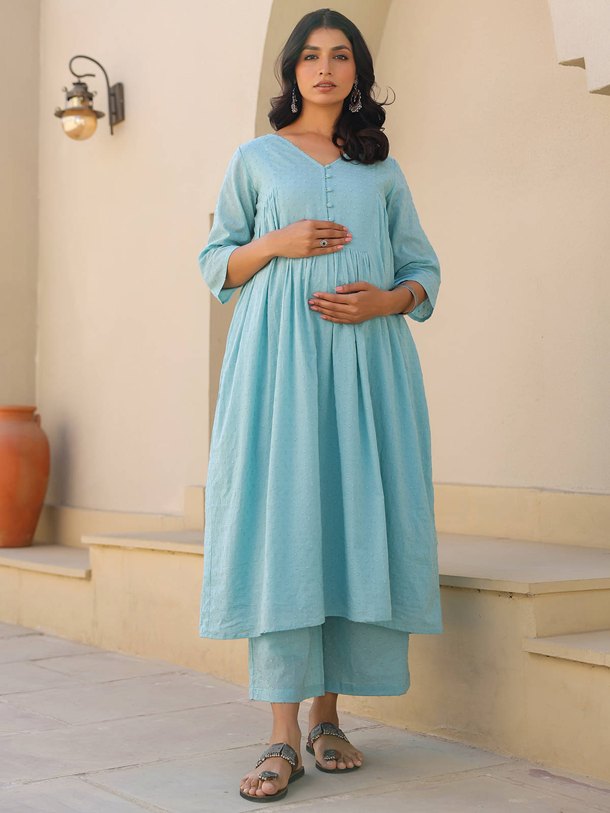     			Janasya Light Blue Cotton Maternity Kurta Suit Set Single