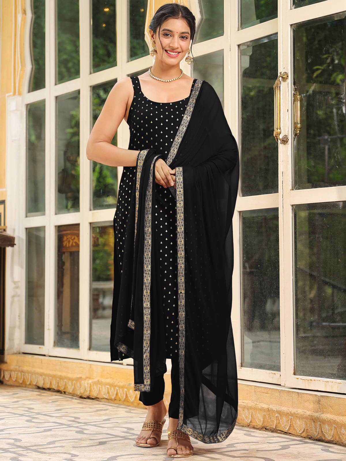 Janasya Rayon Printed Kurti With Pants Women's Stitched Salwar Suit - Black ( Pack of 1 ) Janasya Rayon Printed Kurti With Pants Women's Stitched Salwar Suit - Black ( Pack of 1 )