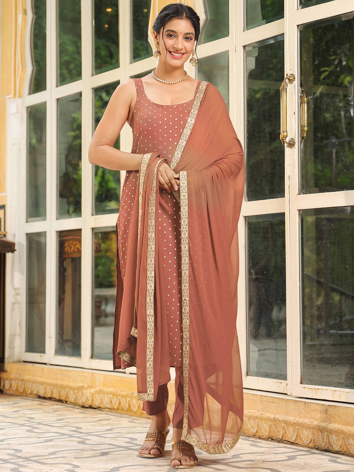Janasya Rayon Printed Kurti With Pants Women's Stitched Salwar Suit - Rust ( Pack of 1 ) Janasya Rayon Printed Kurti With Pants Women's Stitched Salwar Suit - Rust ( Pack of 1 )