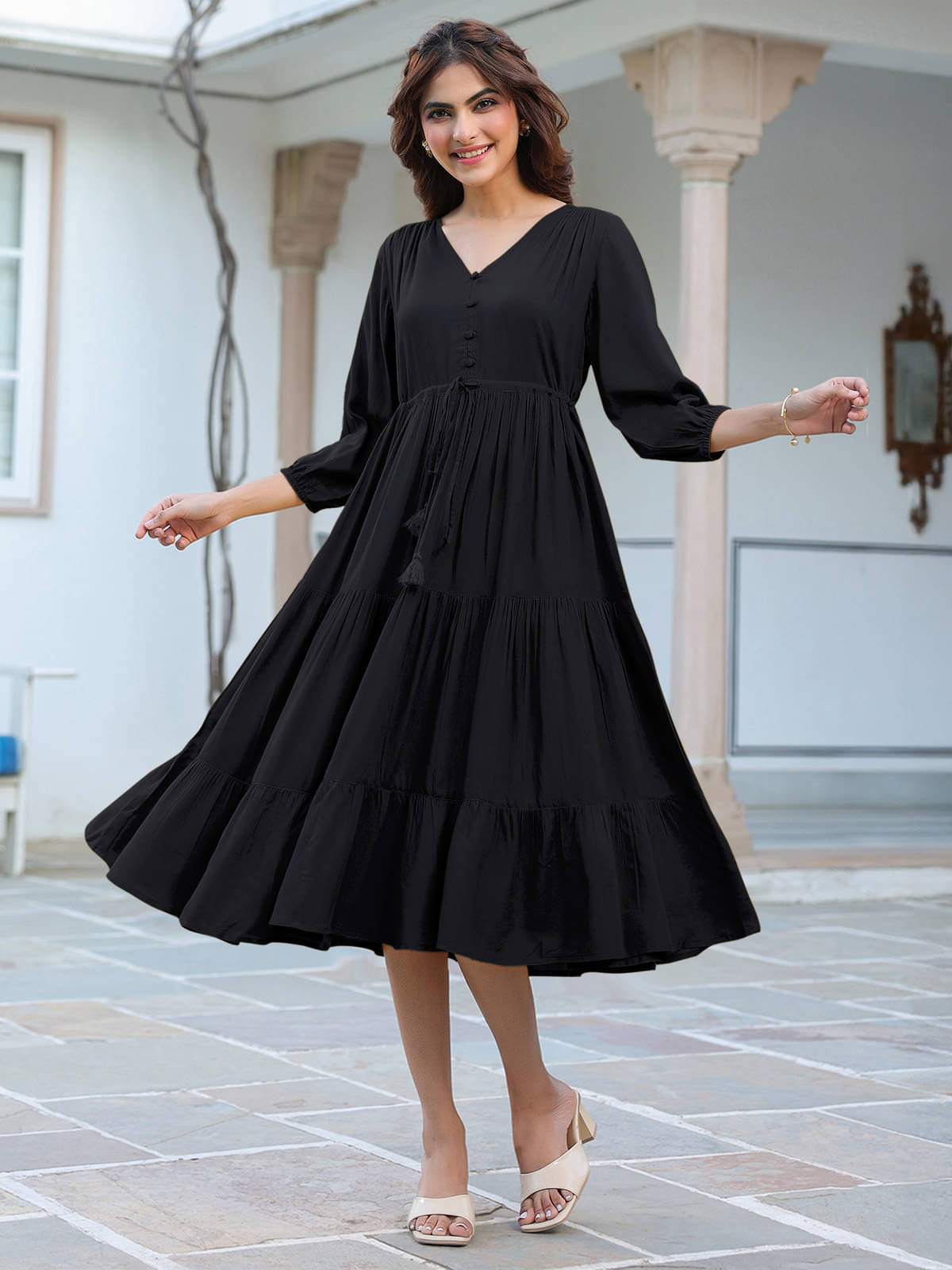 Janasya Women Rayon Solid Fit & Flare Dress ( Black ) Janasya Women Rayon Solid Fit & Flare Dress ( Black )