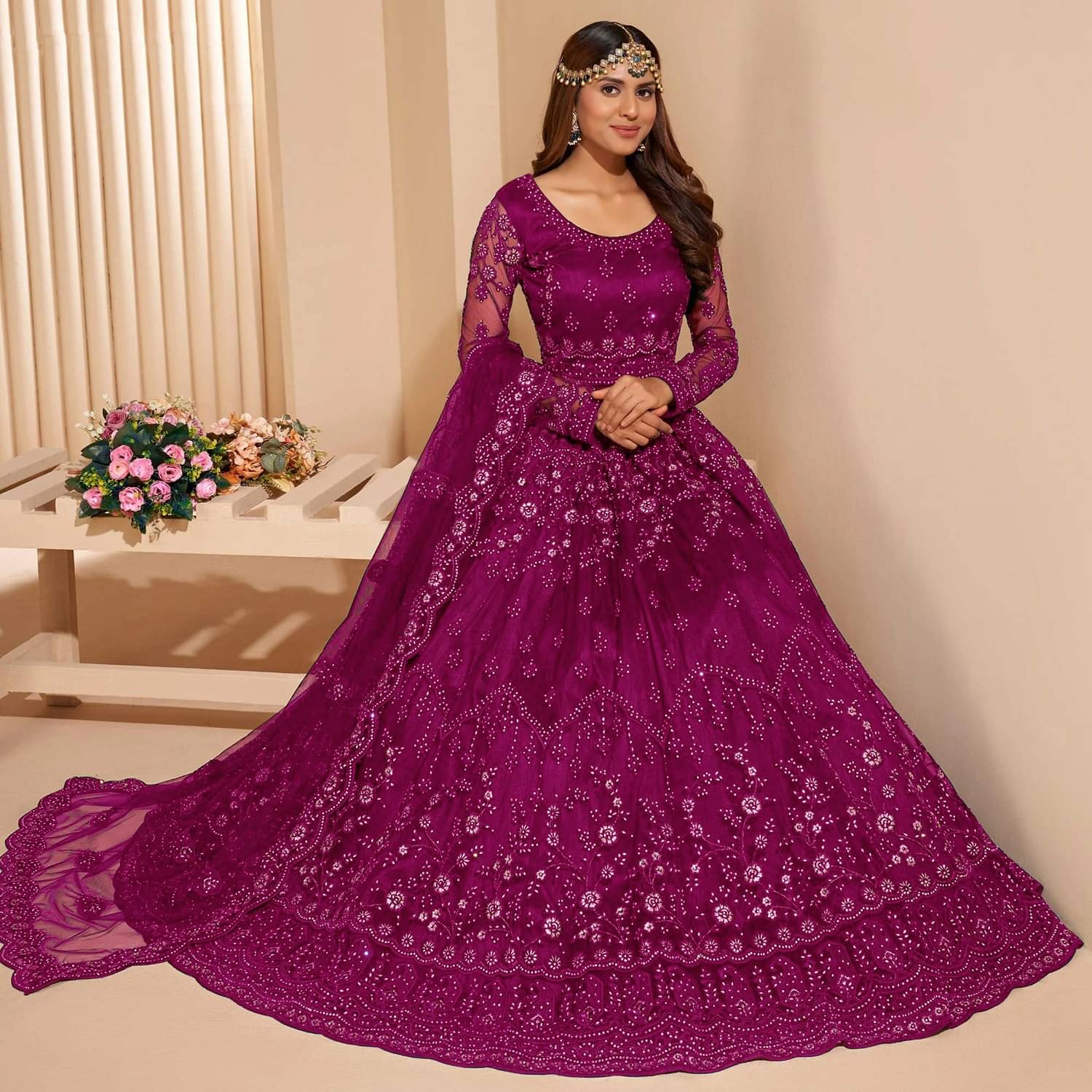 Lady Shopi Wine Flared Net Women's Semi Stitched Ethnic Gown ( Pack of 1 )     			Lady Shopi Wine Flared Net Women's Semi Stitched Ethnic Gown ( Pack of 1 )