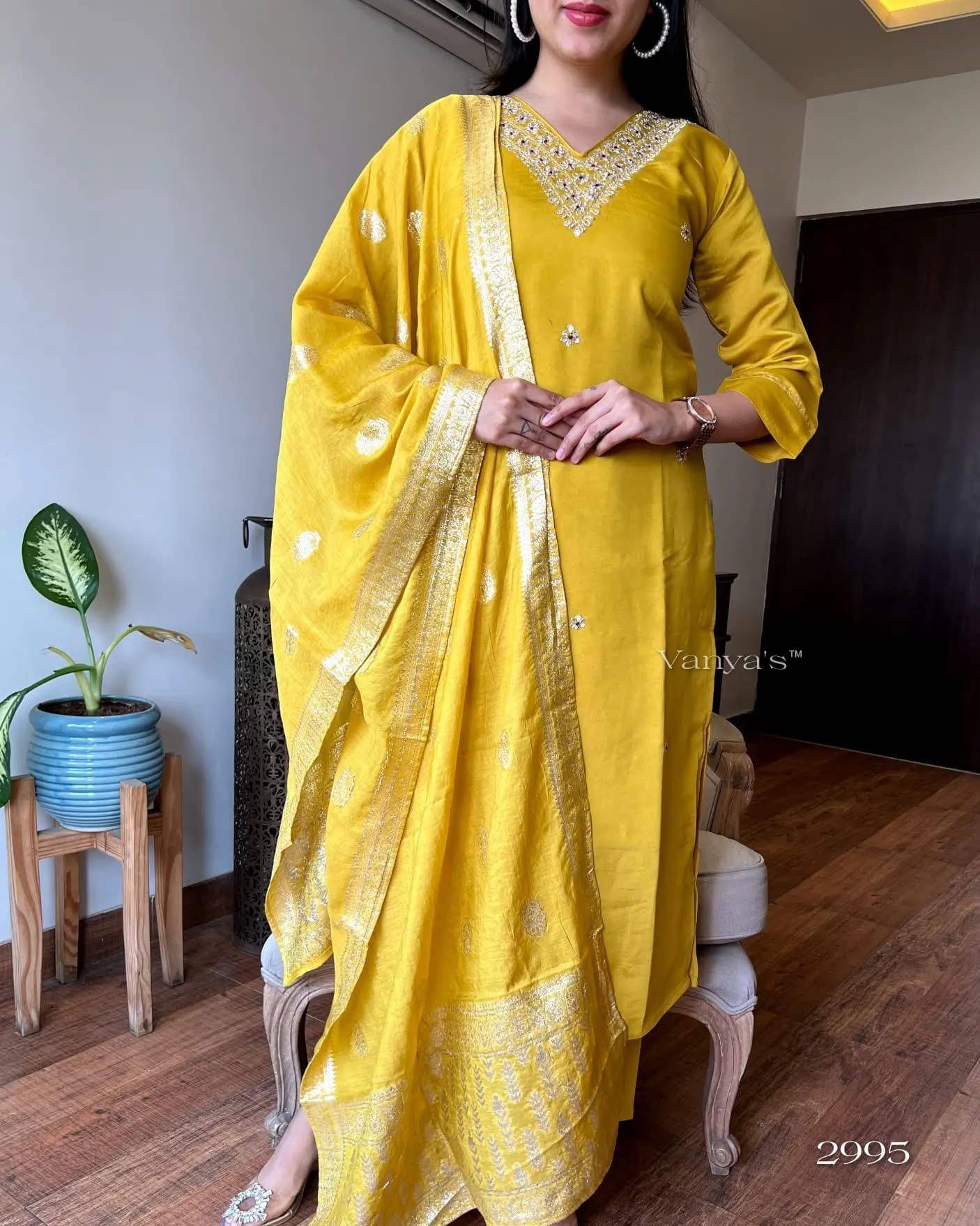     			Mahek Fashion Chanderi Silk Embellished Kurti With Pants Women's Stitched Salwar Suit - Yellow ( Pack of 1 )