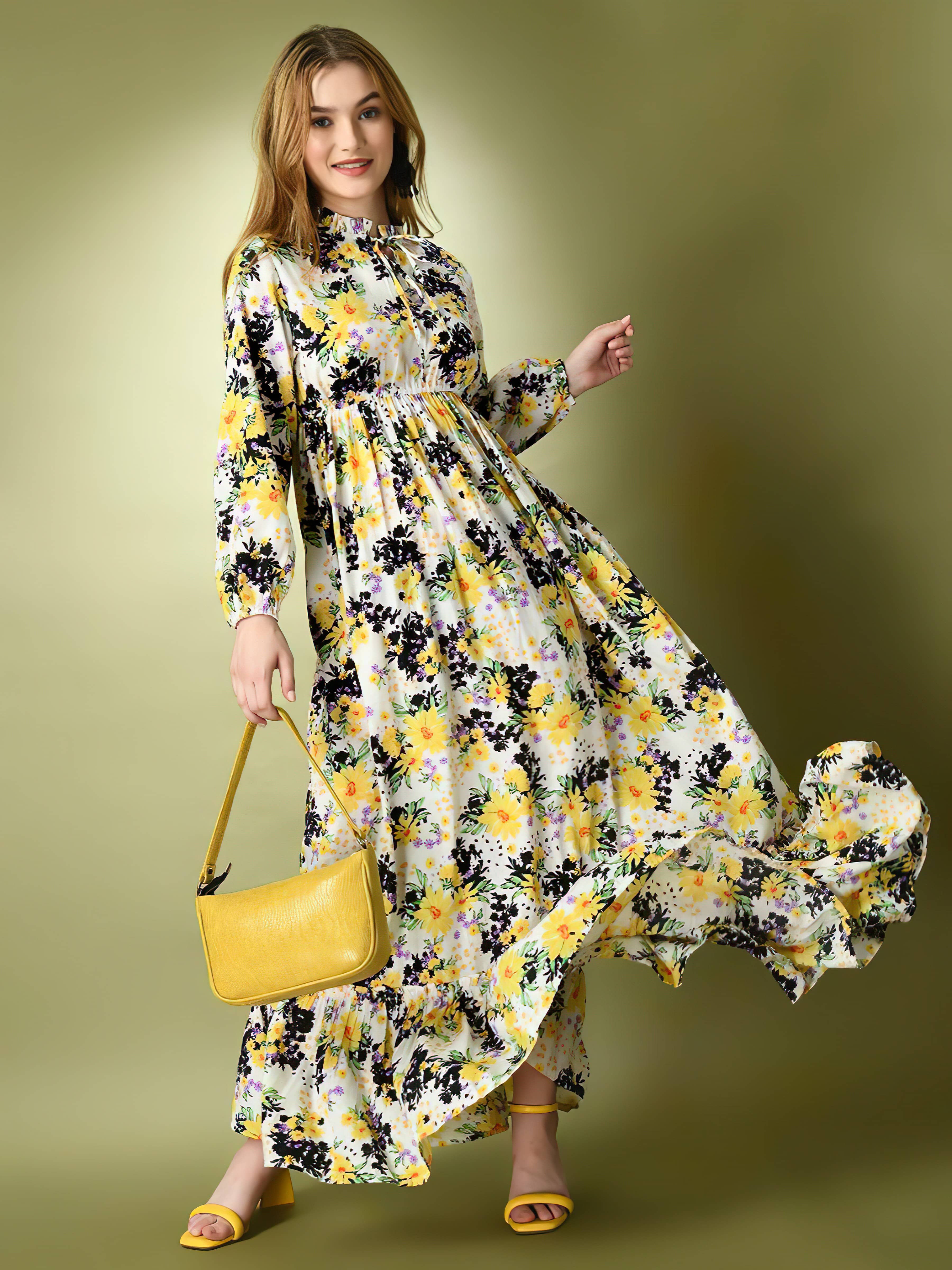 OTABU Women Polyester Printed A-line Dress ( White )