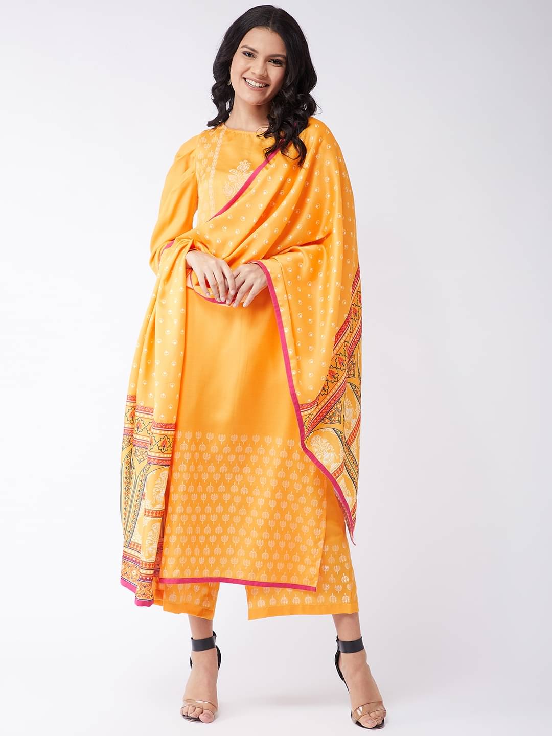    			Pannkh Polyester Printed Kurti With Pants Women's Stitched Salwar Suit - Yellow ( Pack of 1 )