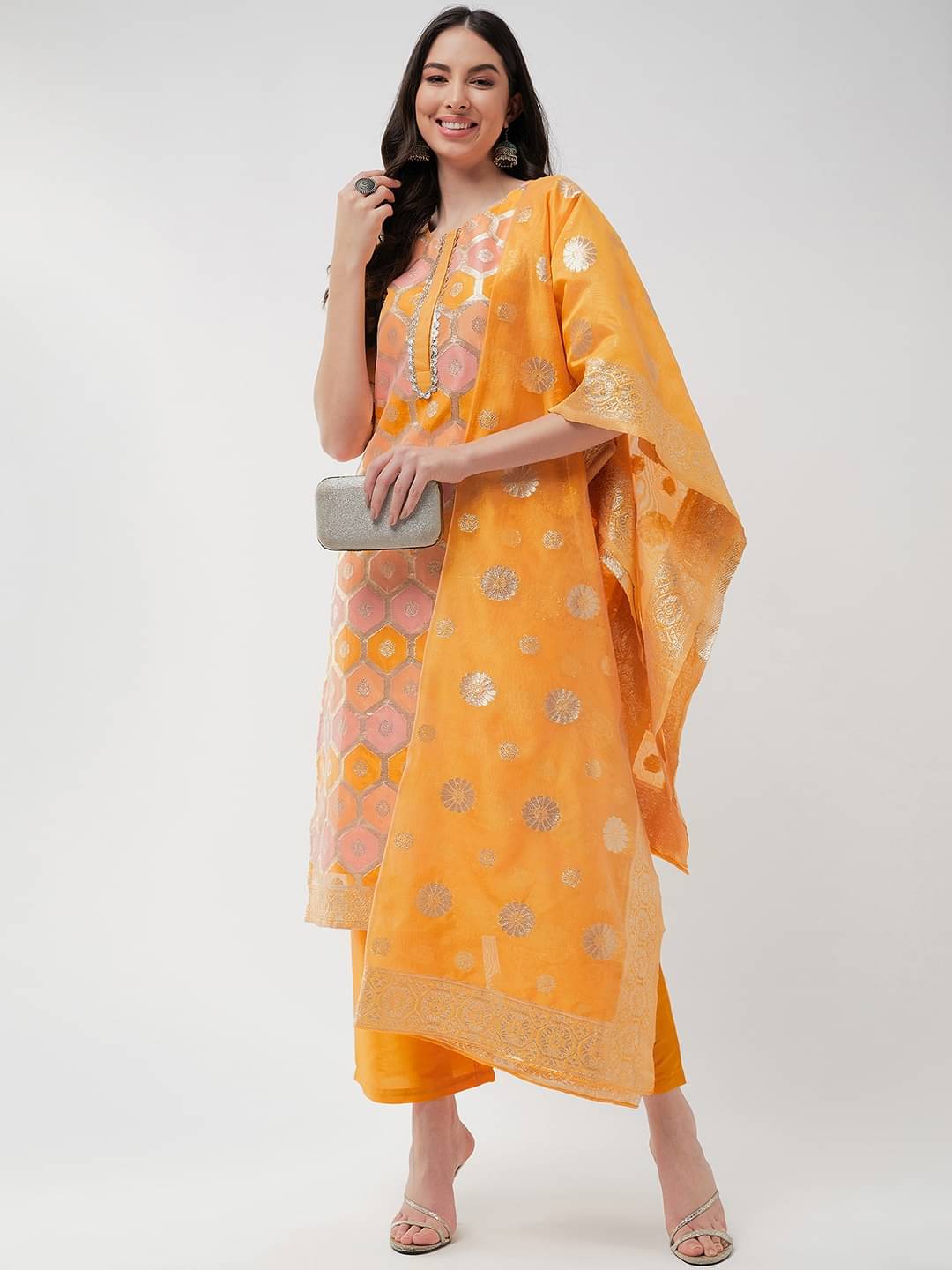     			Pannkh Silk Printed Kurti With Pants Women's Stitched Salwar Suit - Yellow ( Pack of 1 )