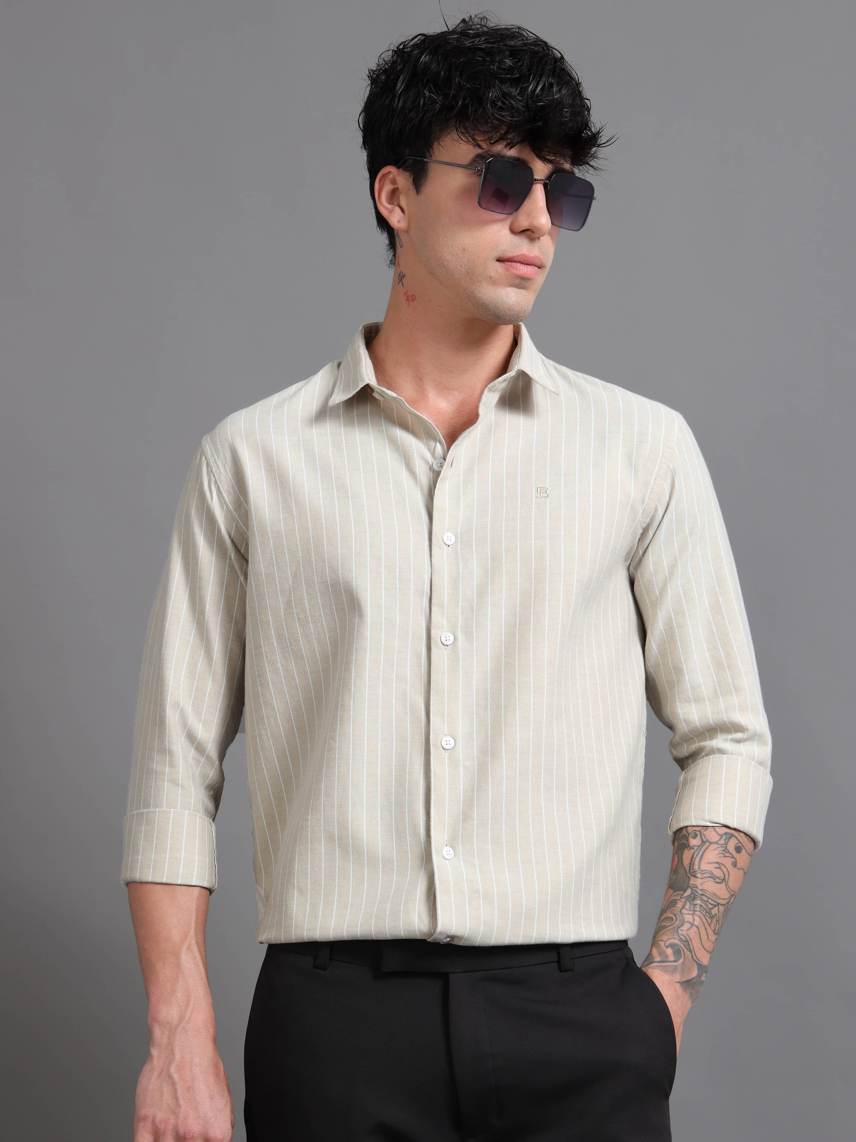 Paul Street 100% Cotton Slim Fit Striped Full Sleeves Men's Casual Shirt - Beige ( Pack of 1 )     			Paul Street 100% Cotton Slim Fit Striped Full Sleeves Men's Casual Shirt - Beige ( Pack of 1 )