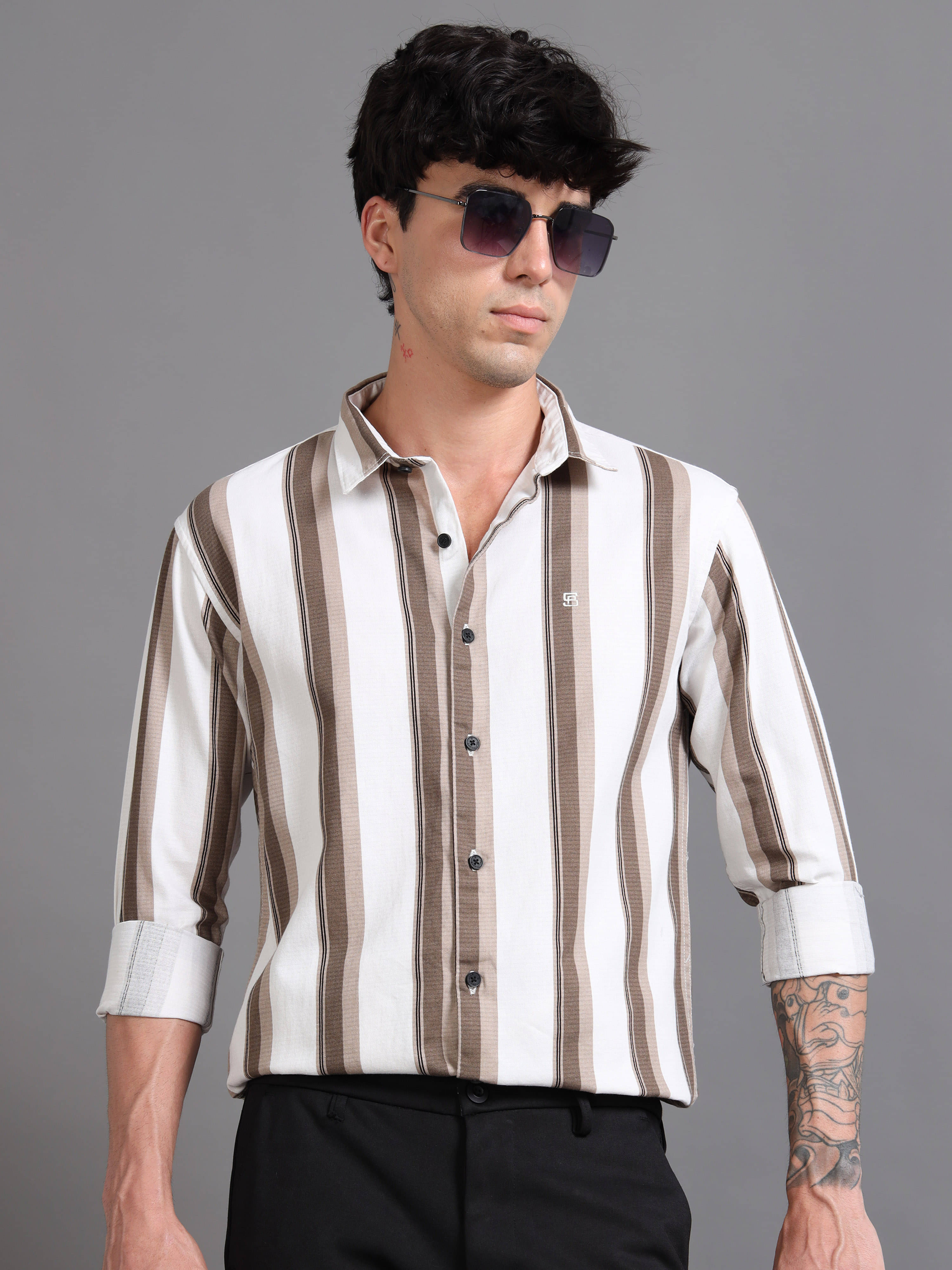     			Paul Street 100% Cotton Slim Fit Striped Full Sleeves Men's Casual Shirt - Beige ( Pack of 1 )
