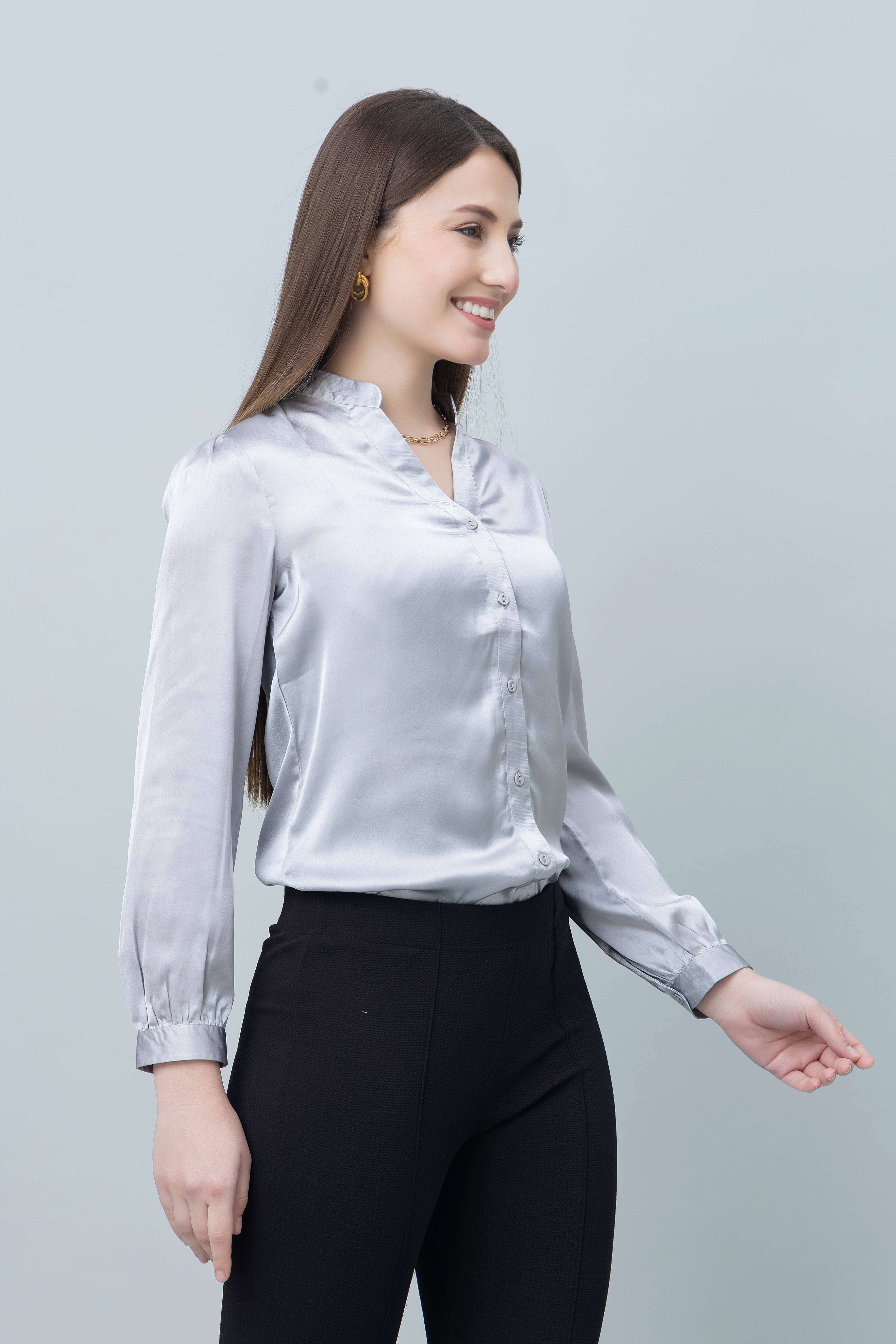     			Purys Women Solid Satin Shirt ( Silver )
