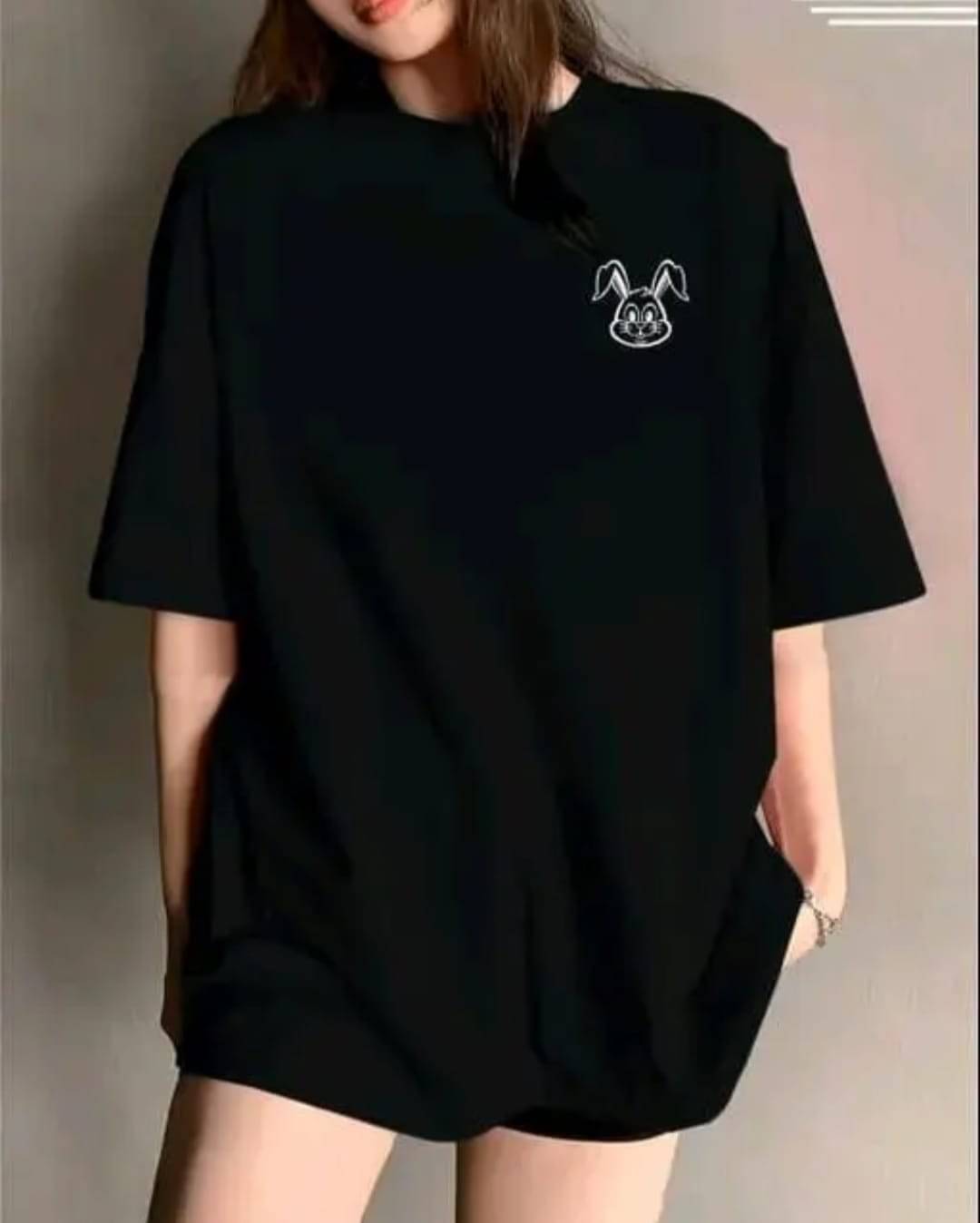 RF RAVES Women Cotton Blend Printed Oversized Fit Round Neck T-Shirt ( Black ) RF RAVES Women Cotton Blend Printed Oversized Fit Round Neck T-Shirt ( Black )
