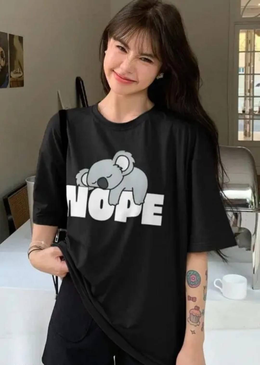 RF RAVES Women Cotton Blend Printed Oversized Fit Round Neck T-Shirt ( Black ) RF RAVES Women Cotton Blend Printed Oversized Fit Round Neck T-Shirt ( Black )