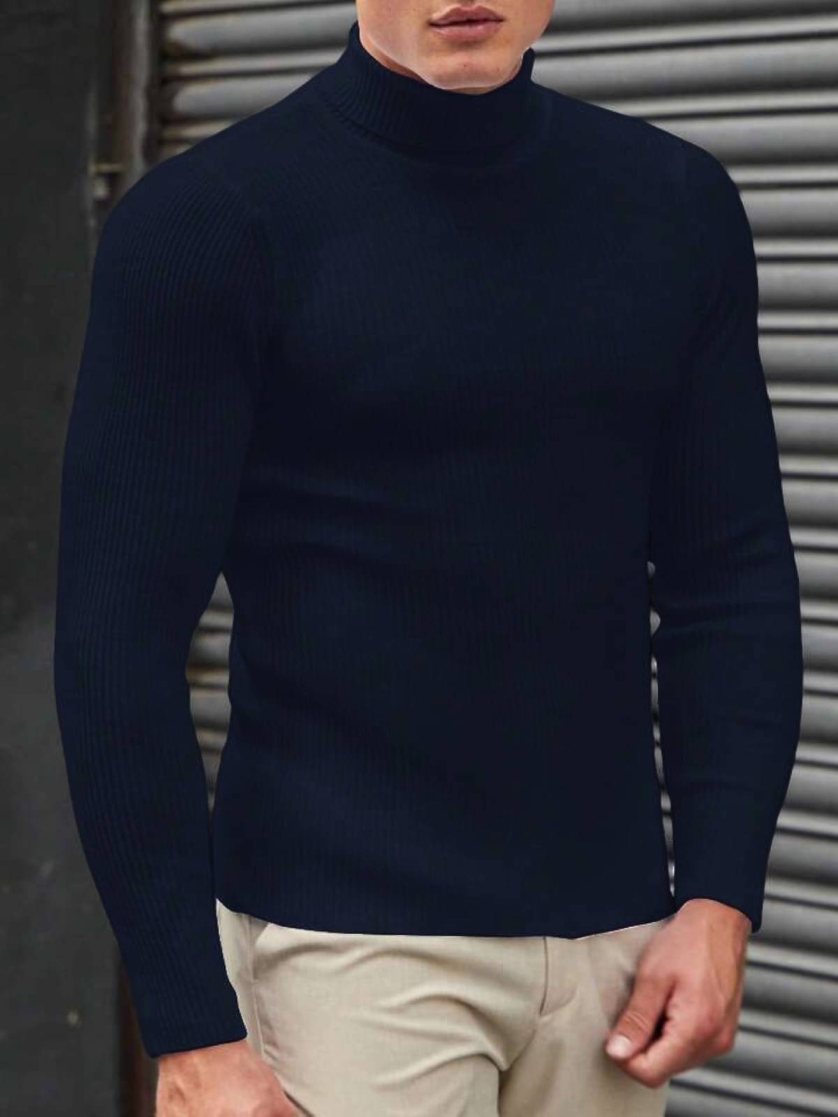 The Dry State Cotton Blend Regular Fit Striped Full Sleeves Men's High Neck T-Shirt - Navy Blue ( Pack of 1 )     			The Dry State Cotton Blend Regular Fit Striped Full Sleeves Men's High Neck T-Shirt - Navy Blue ( Pack of 1 )