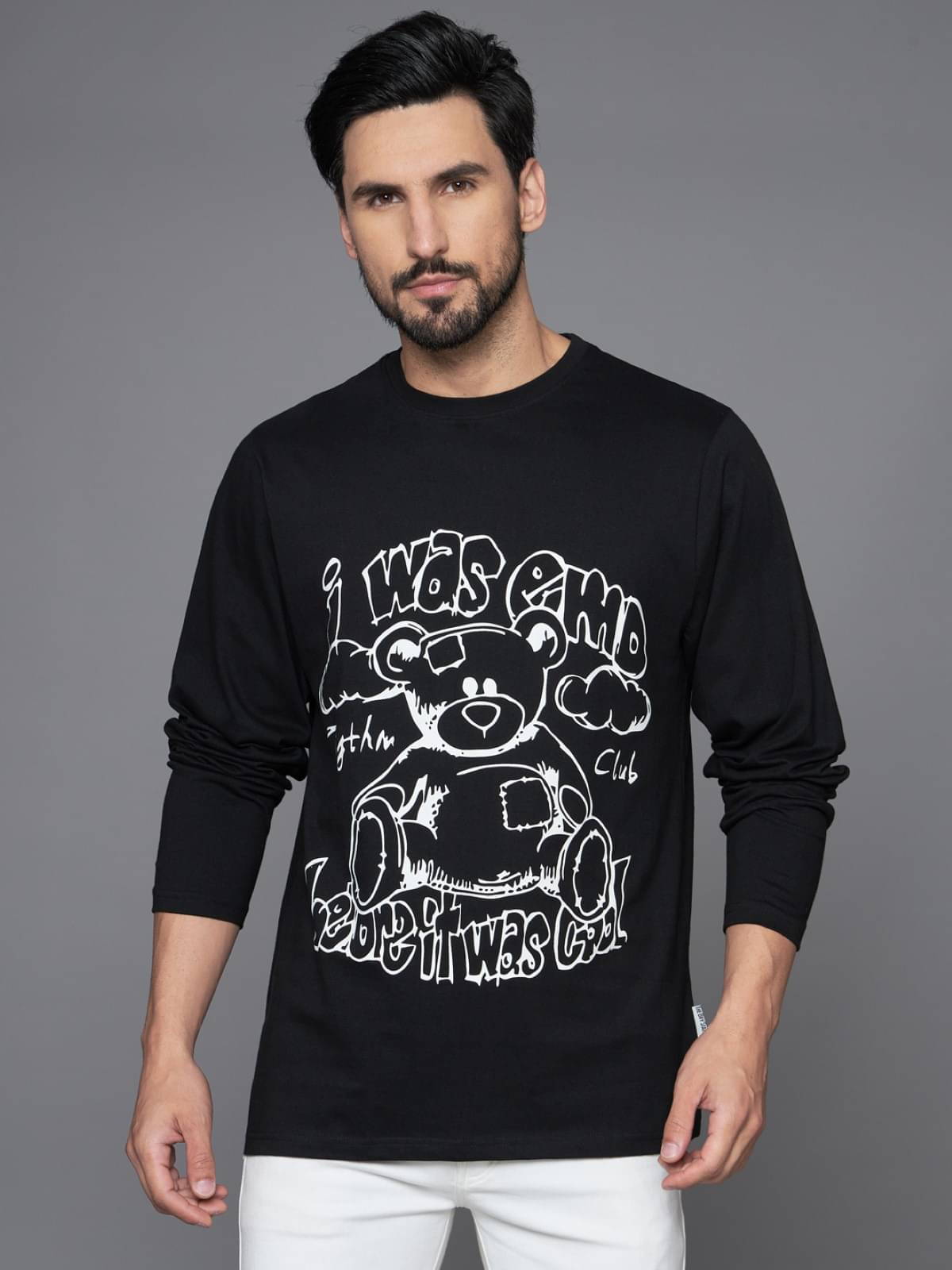 The Dry State Cotton Oversized Fit Printed Full Sleeves Men's Round T-Shirt - Black ( Pack of 1 )     			The Dry State Cotton Oversized Fit Printed Full Sleeves Men's Round T-Shirt - Black ( Pack of 1 )