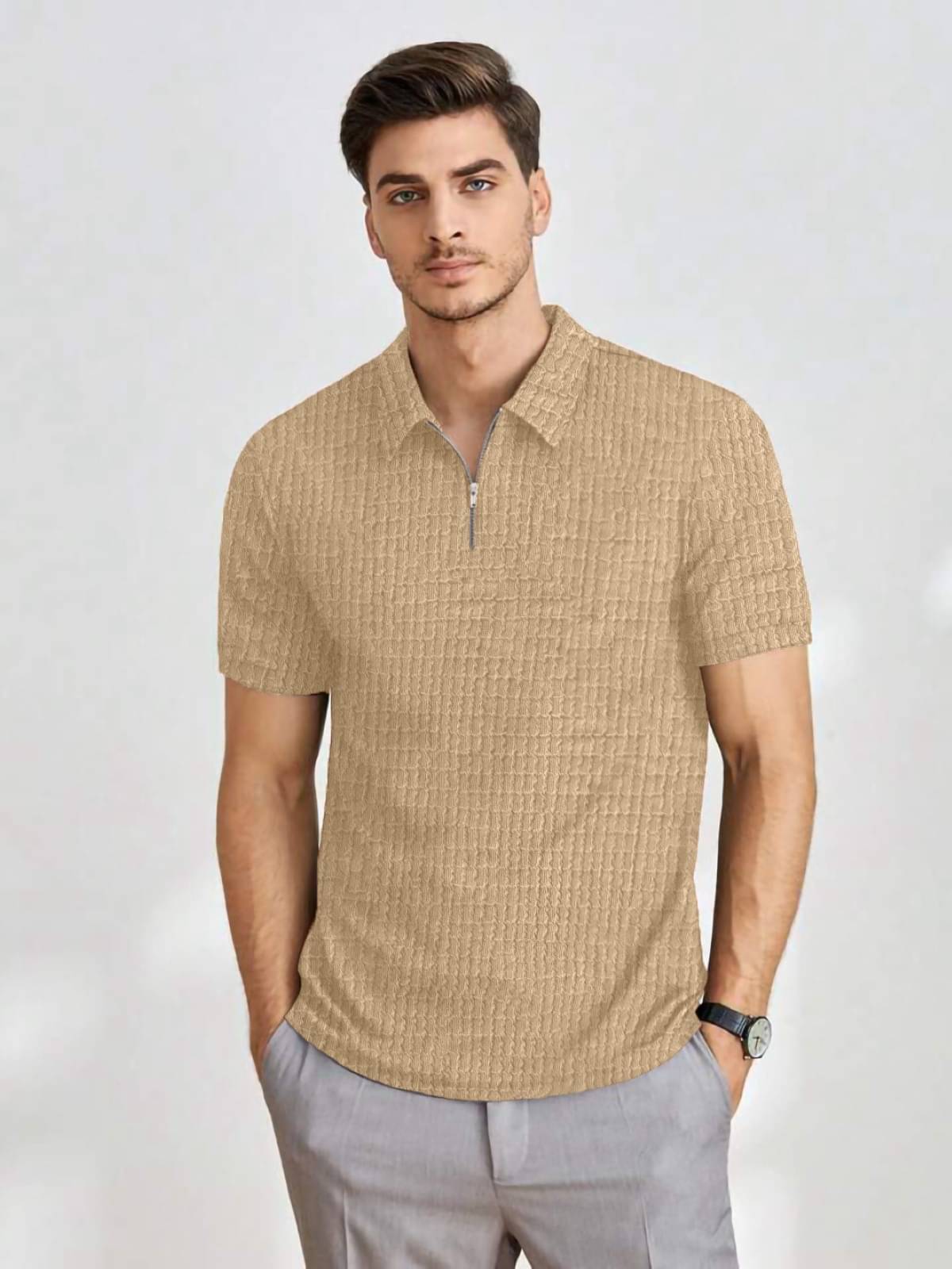     			The Dry State Polyester Regular Fit Self Design Half Sleeves Men's Mandarin Collar T-Shirt - Beige ( Pack of 1 )