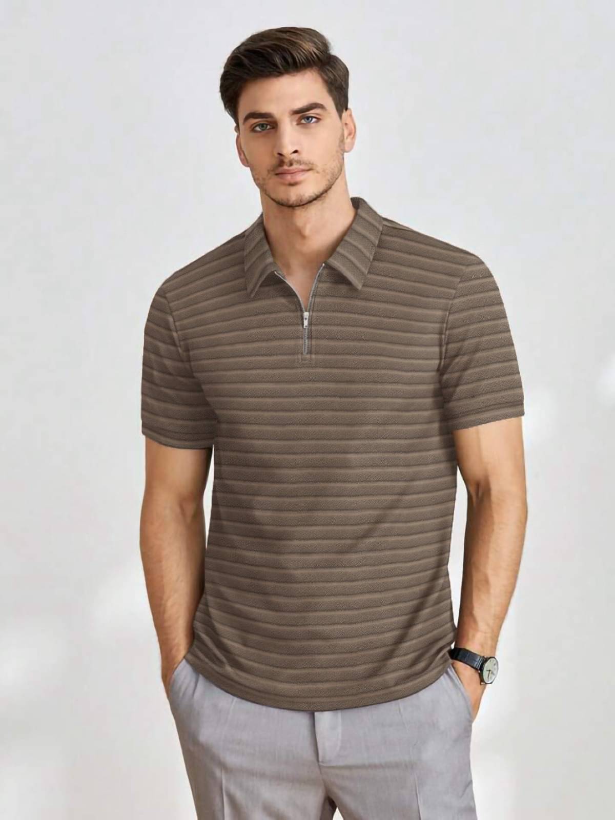 The Dry State Polyester Regular Fit Striped Half Sleeves Men's Mandarin Collar T-Shirt - Brown ( Pack of 1 ) The Dry State Polyester Regular Fit Striped Half Sleeves Men's Mandarin Collar T-Shirt - Brown ( Pack of 1 )