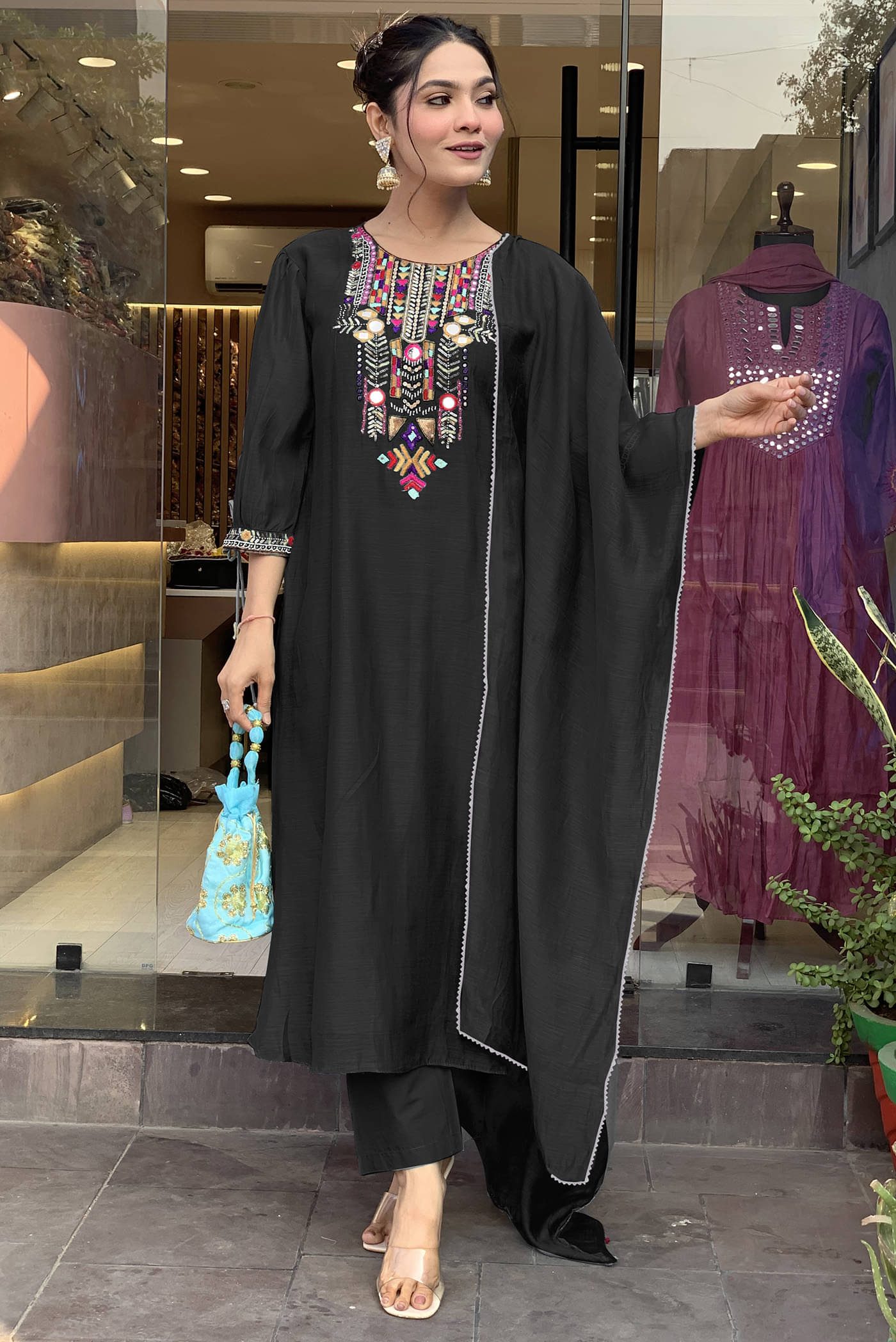 Trijal Fab Cotton Silk Embroidered Kurti With Pants Women's Stitched Salwar Suit - Black ( Pack of 1 ) Trijal Fab Cotton Silk Embroidered Kurti With Pants Women's Stitched Salwar Suit - Black ( Pack of 1 )