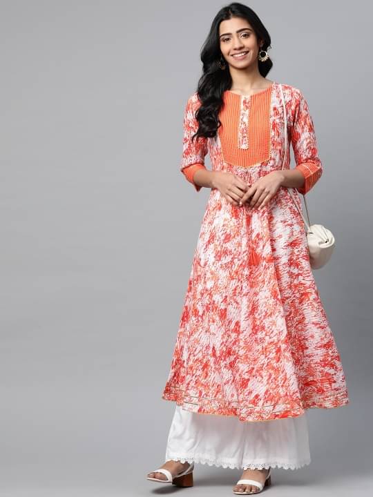     			Yash Gallery Pack of 1 Cotton Printed Flared Women's Kurti - ( Orange )