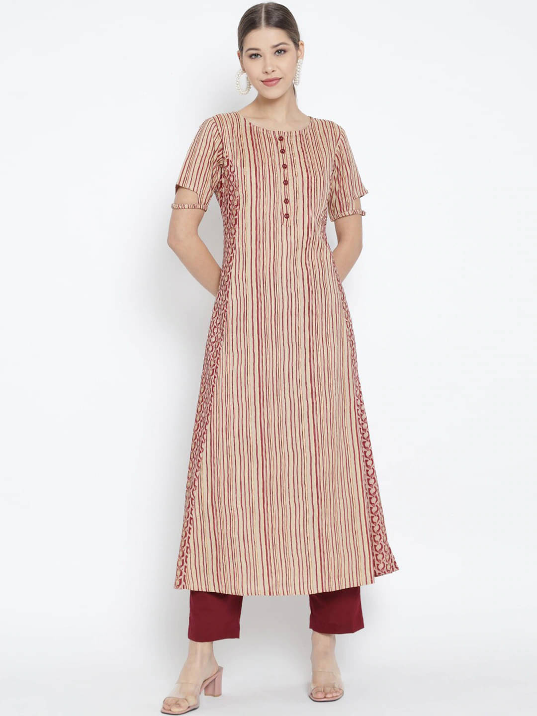 Yash Gallery Pack of 1 Cotton Striped A-line Women's Kurti - ( Maroon ) Yash Gallery Pack of 1 Cotton Striped A-line Women's Kurti - ( Maroon )