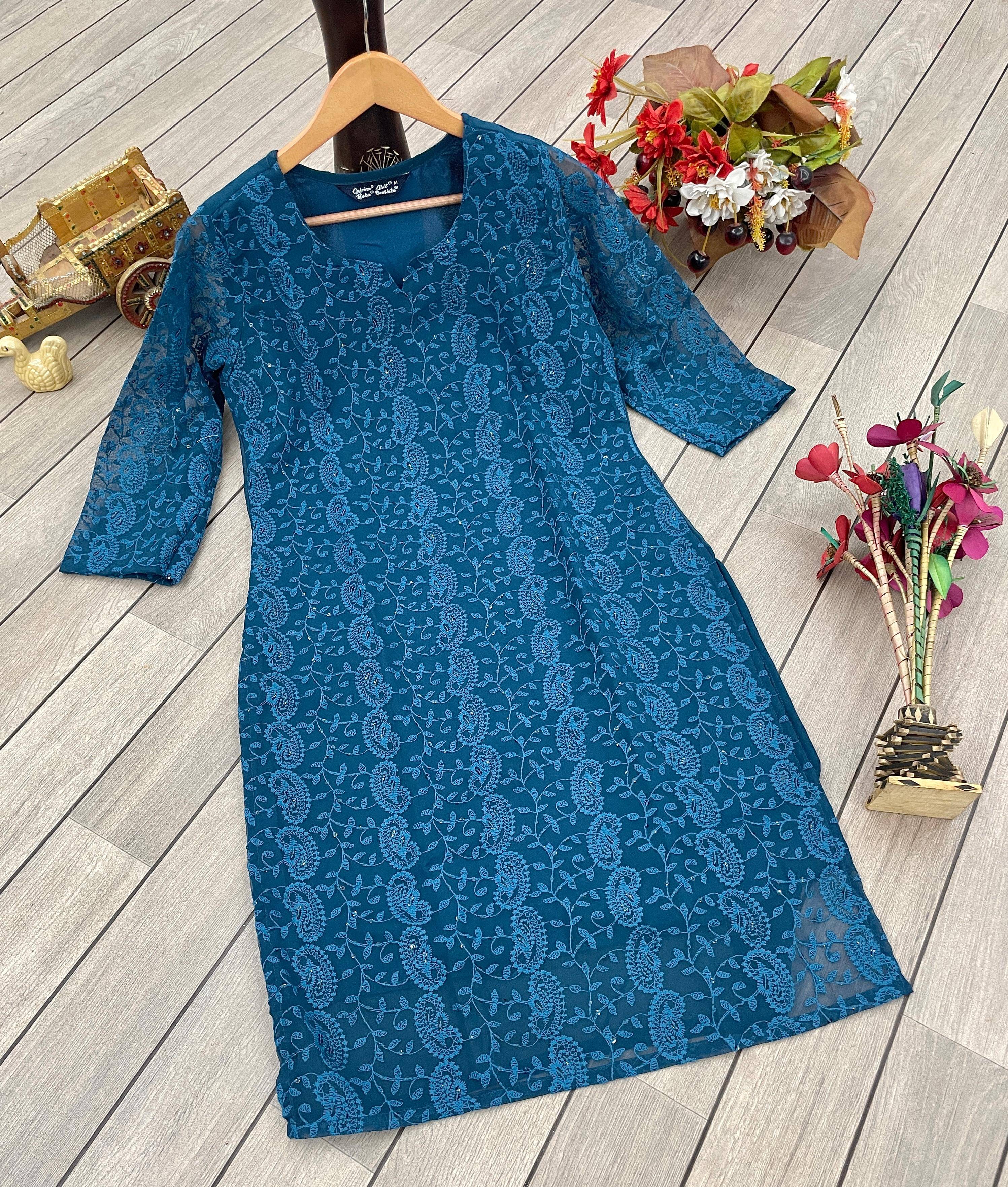gufrina Pack of 1 Georgette Chikankari A-line Women's Kurti - ( Teal ) gufrina Pack of 1 Georgette Chikankari A-line Women's Kurti - ( Teal )