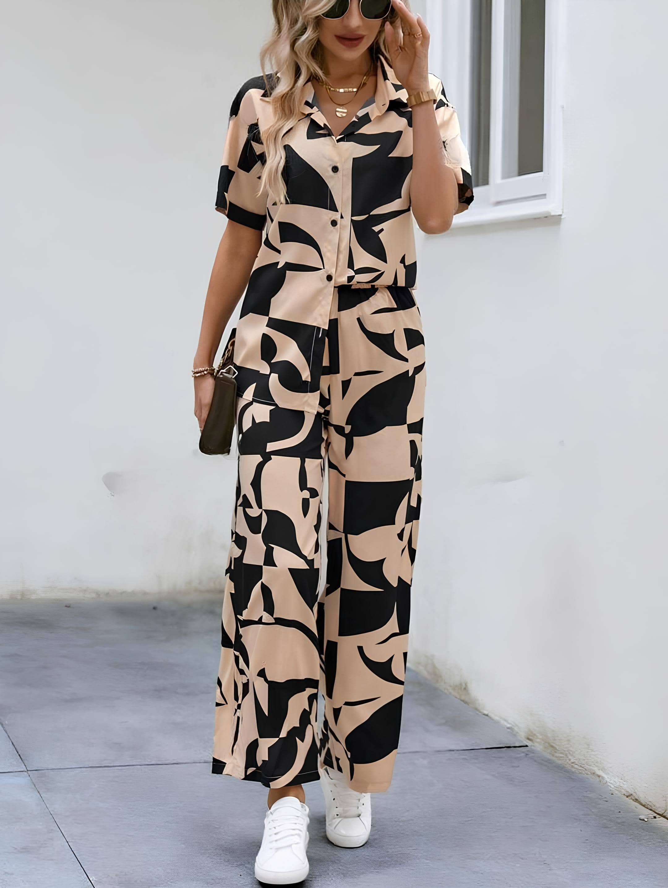 gufrina Women Printed Shirt With Trousers Co-Ord Set ( Beige )