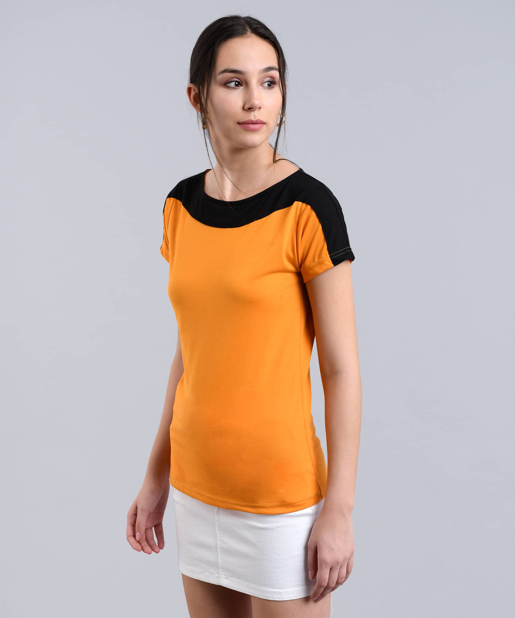     			vivient Women Cotton Blend Colorblock Regular Fit Round Neck T-Shirt ( Mustard )