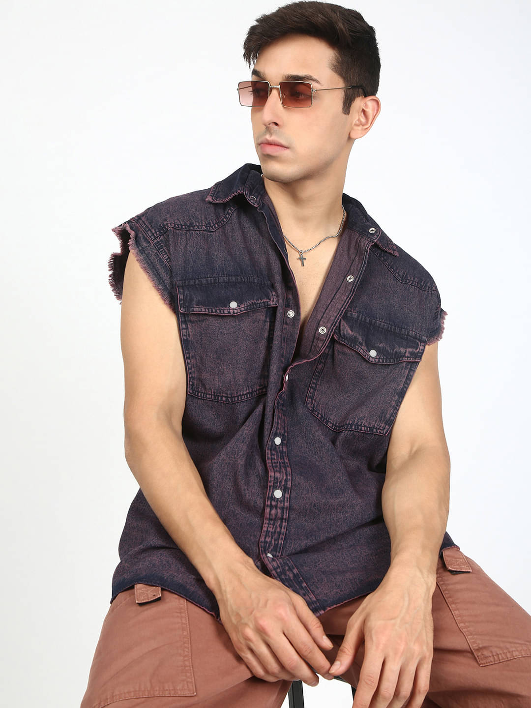     			Bene Kleed 100% Cotton Oversized Fit Solids Sleeveless Men's Casual Shirt - Purple ( Pack of 1 )