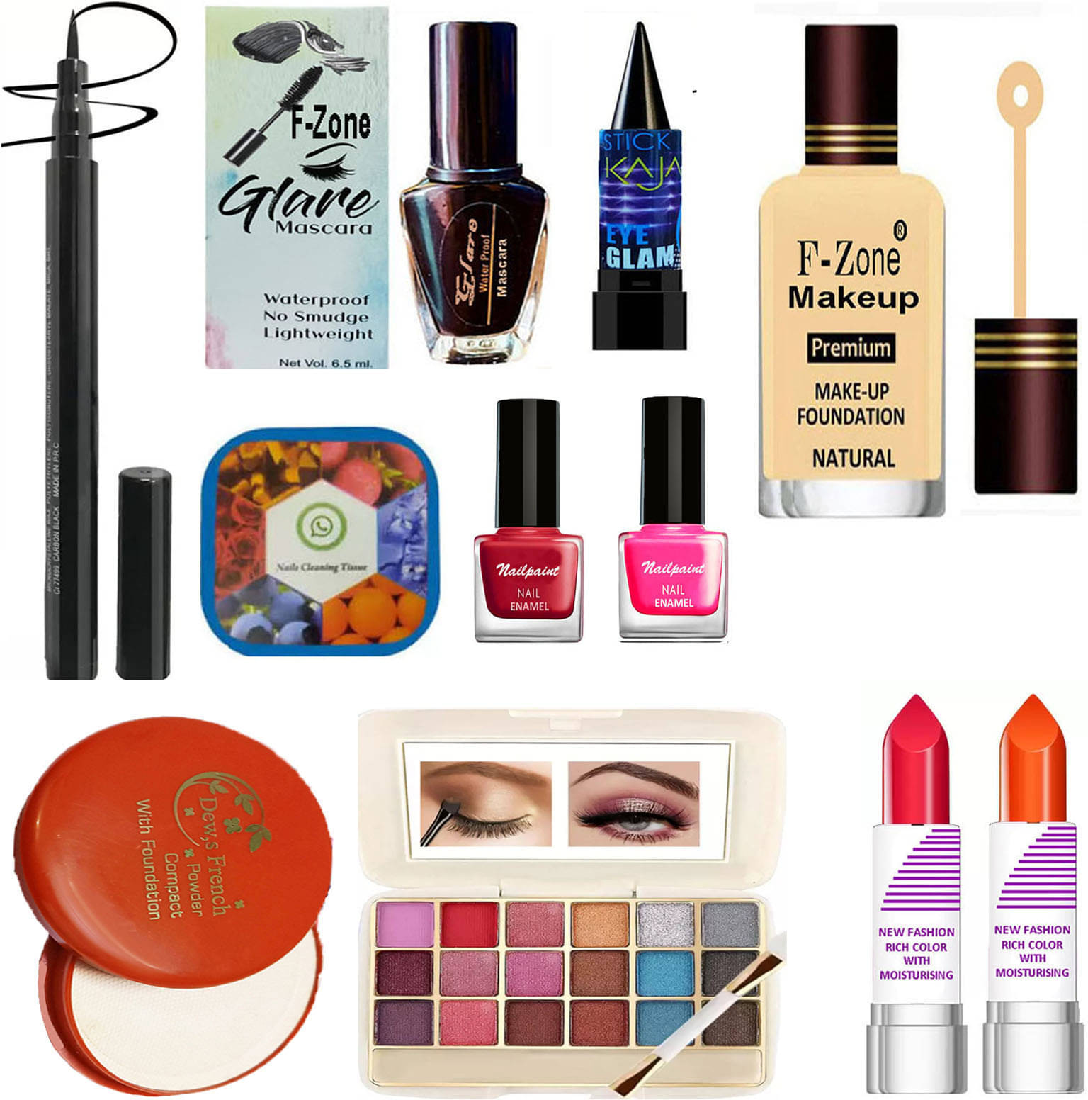     			F Zone Makeup Kit ( Eyeshadow,Kajal,Lipstick,Compact,Liner,Mascara,Foundation Etc )