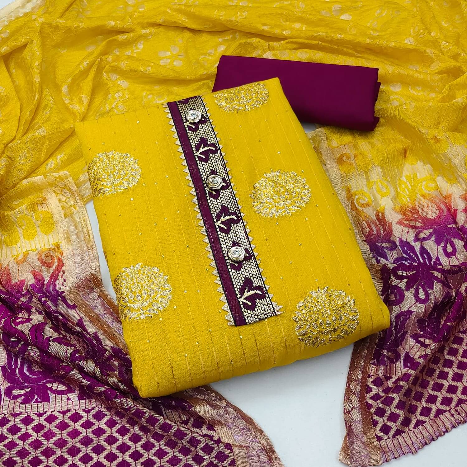 HL SILKMILLS Unstitched Banarasi Embellished Dress Material - Yellow ( Pack of 1 ) HL SILKMILLS Unstitched Banarasi Embellished Dress Material - Yellow ( Pack of 1 )