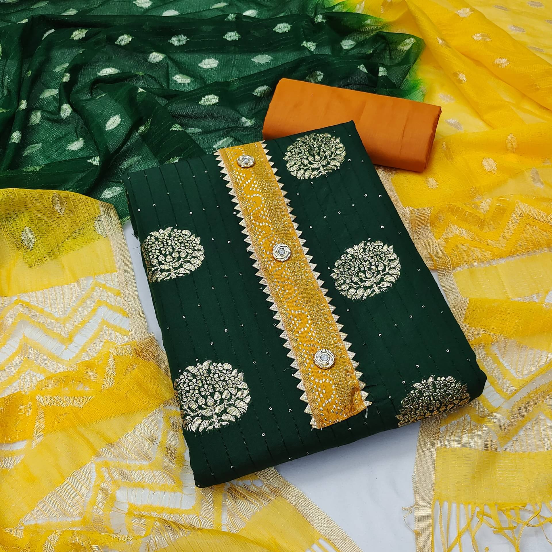     			HL SILKMILLS Unstitched Banarasi Embellished Dress Material - Green ( Pack of 1 )