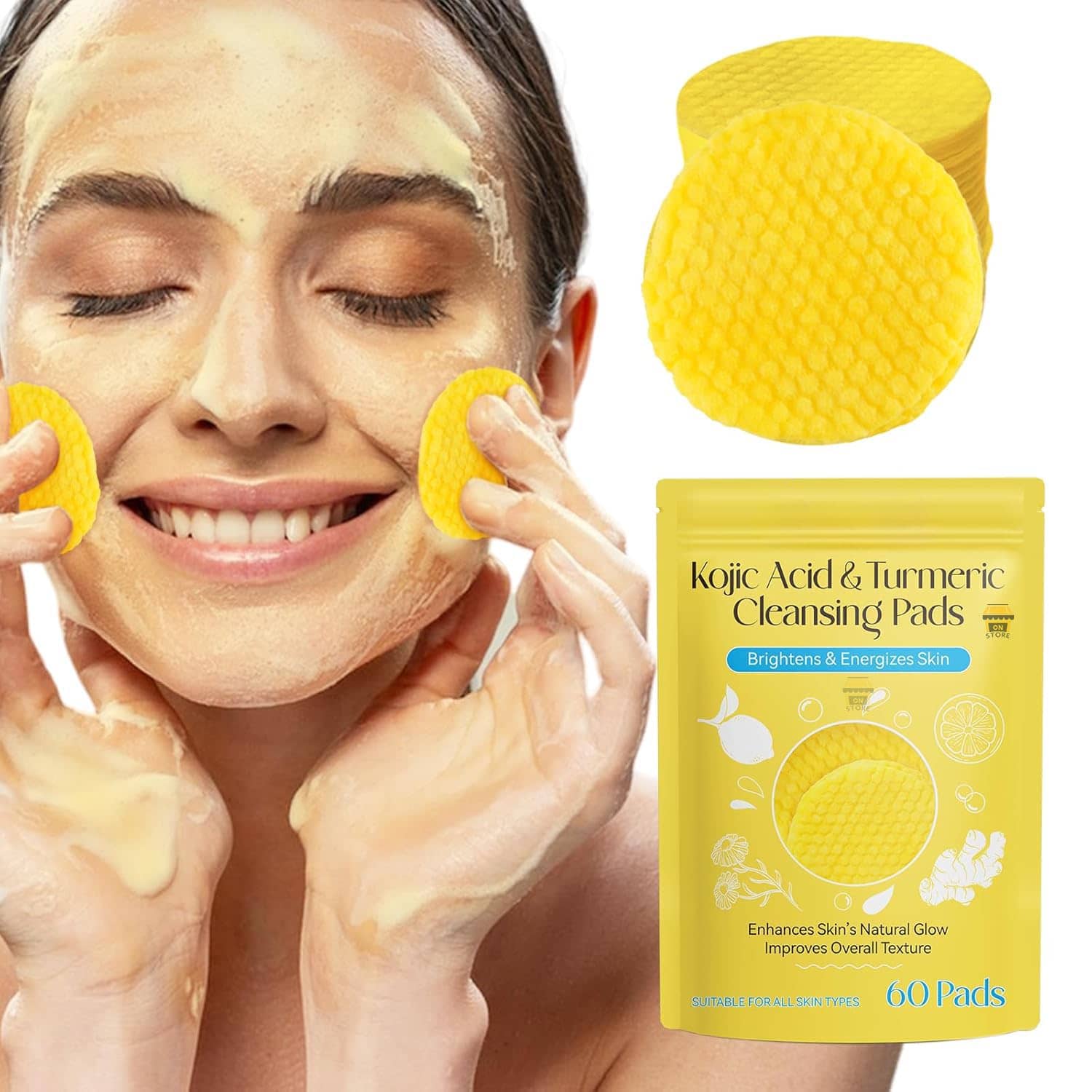 Kojic Acid and Turmeric Cleansing Pads, Turmearic Cleansing Pads with Vitamin B5, Vitamin C, Turmeric Pads Infused Foaming Exfoliating Pads, Turmeric Lemon Chamomile Pads for Face -60PCS (Pack of 1)