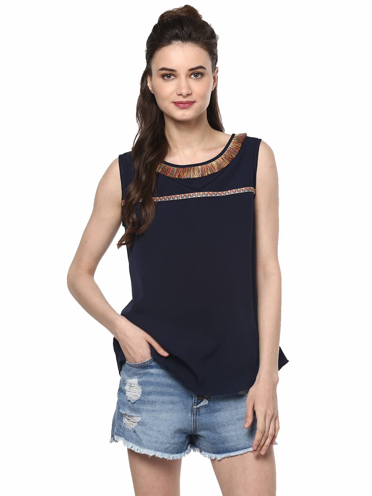Pannkh Women's Polyester Regular Top ( Navy Blue )     			Pannkh Women's Polyester Regular Top ( Navy Blue )