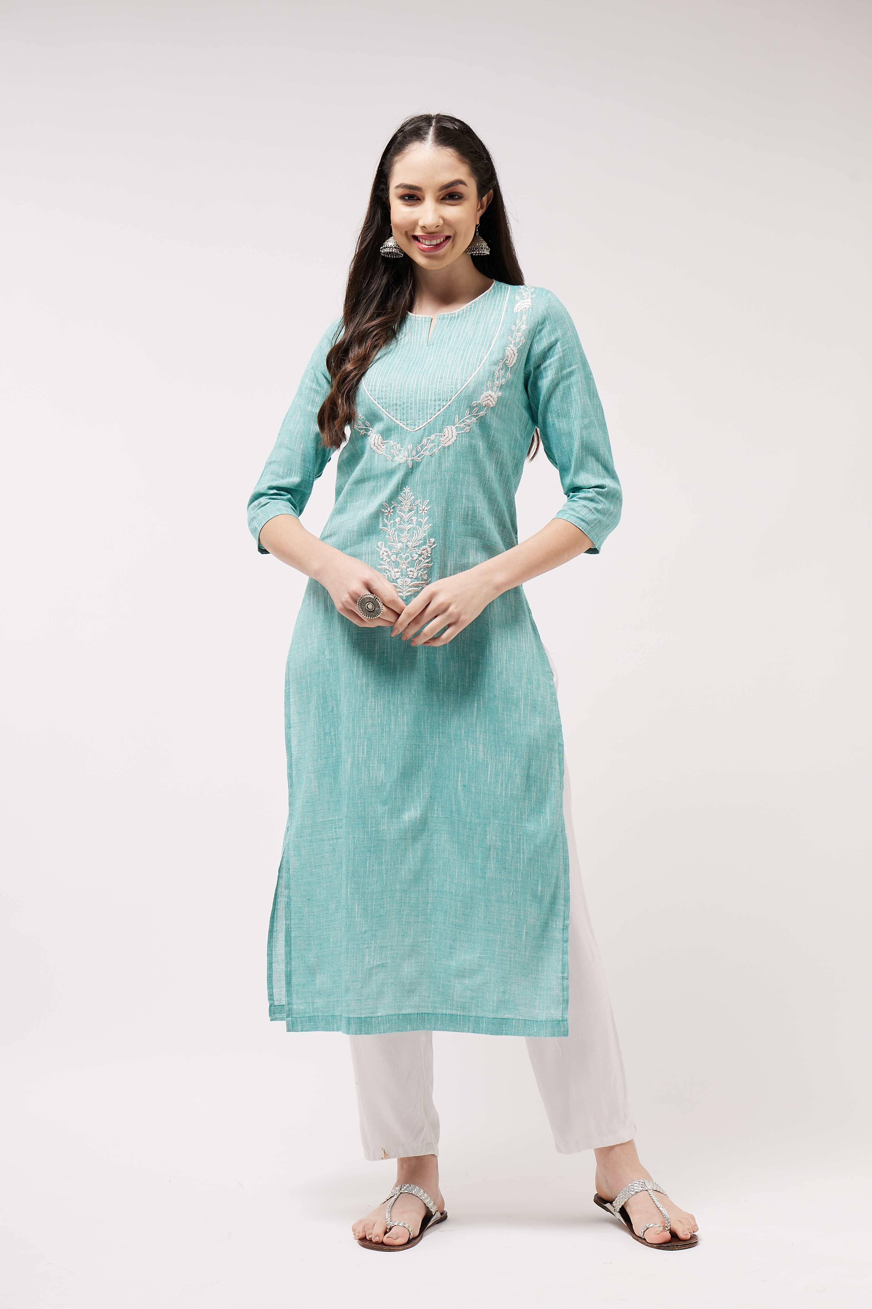     			Pannkh Pack of 1 Cotton Embroidered A-line Women's Kurti - ( Green )