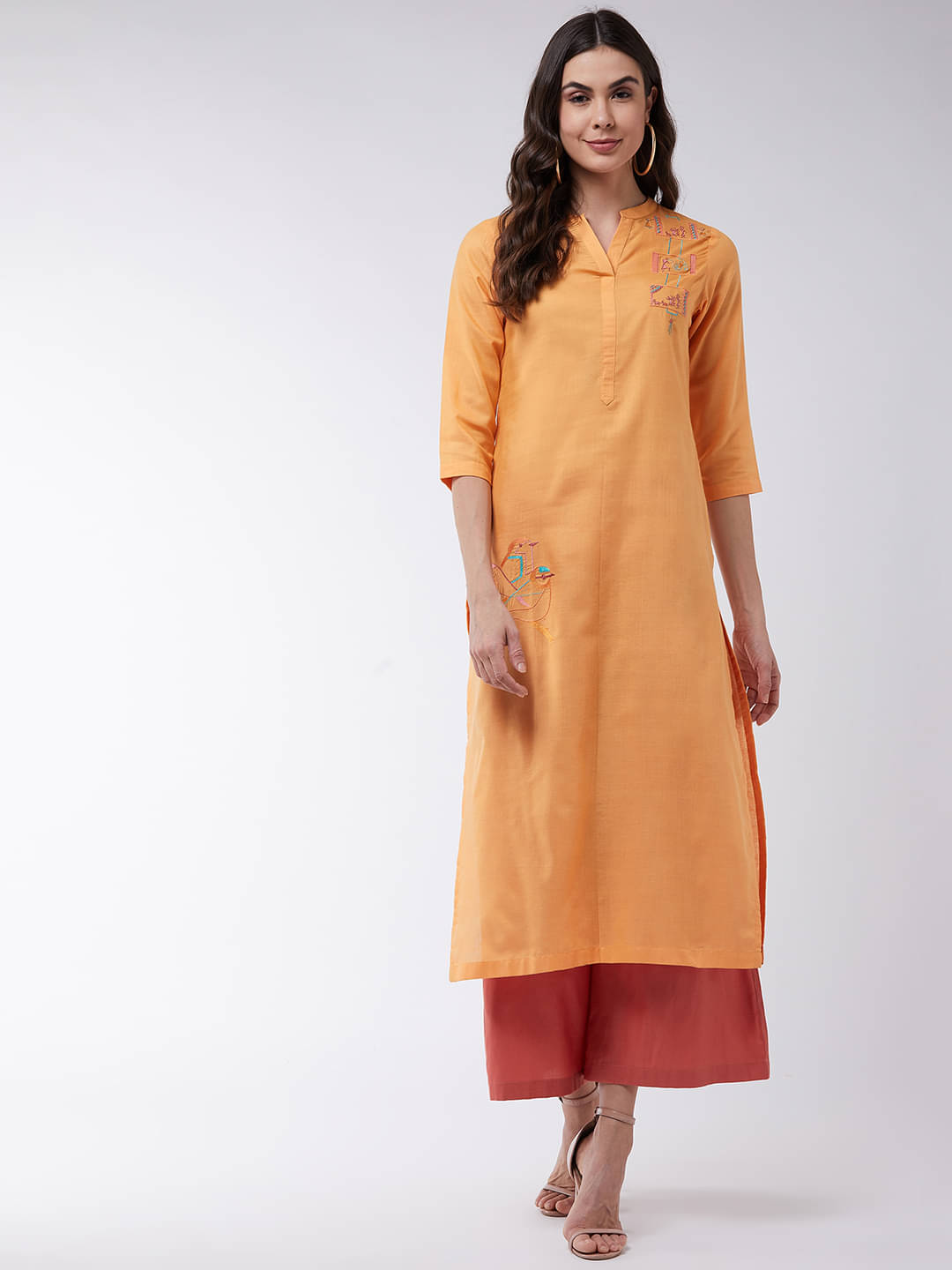 Pannkh Women Solid Straight Kurti With Palazzo ( Orange ) Pannkh Women Solid Straight Kurti With Palazzo ( Orange )