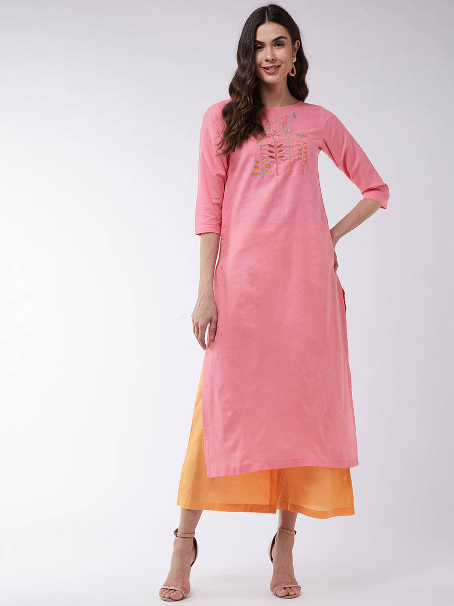     			Pannkh Women Solid Kurta With Palazzos Co-Ord Set ( Pink )
